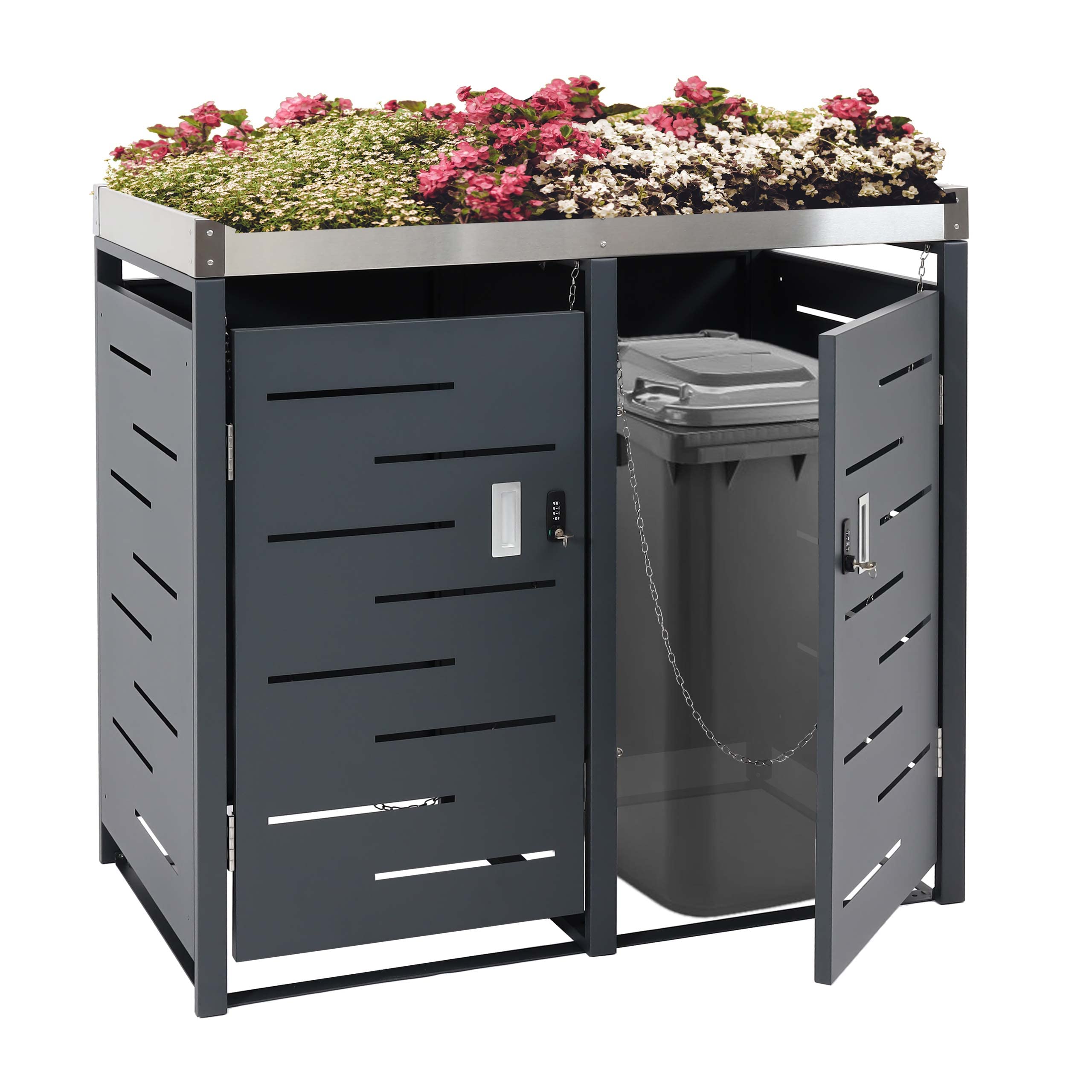 Mendler 2er-Mülltonnenverkleidung HWC-H40b 110x115x62cm Edelstahl | Mülltonnenbox, Pflanzkasten, Metall-Kombi, 39kg, erweiterbar