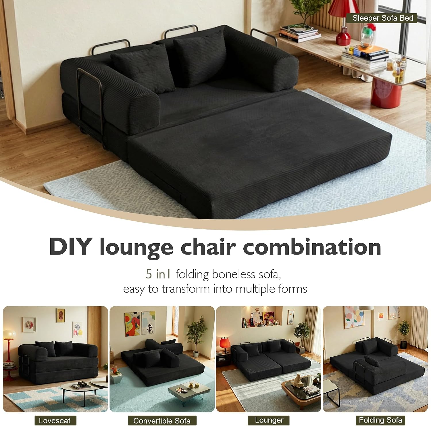 59in Convertible Sofa Bed, Corduroy Boneless Couch Bed, Futon Sleeper Sofa Pull Out Bed, Foldable Couch for Living Room Apartment, No Assembly Required