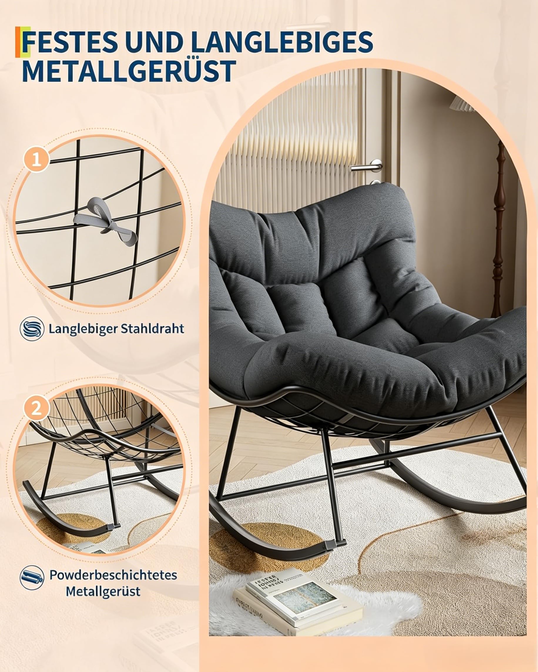 Garvee Eiersessel Schaukelstuhl mit Polster, Moderner Relaxsessel mit stabilem Metallgestell, Bequemer Lesesessel Grau für Wohnzimmer Balkon Terrasse Garten Indoor & Outdoor - Anthrazit
