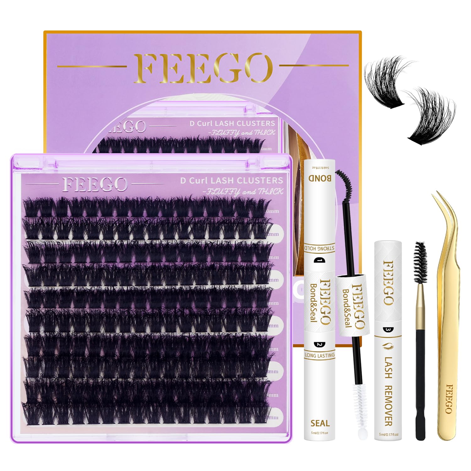 FEEGO Lash Extension Kit 100D/ 200D Fluffy 10-20MM D Curl Lash Clusters Eyelash 160pcs Extension Kit Individual Lashes with Lash Bond and Seal Lash