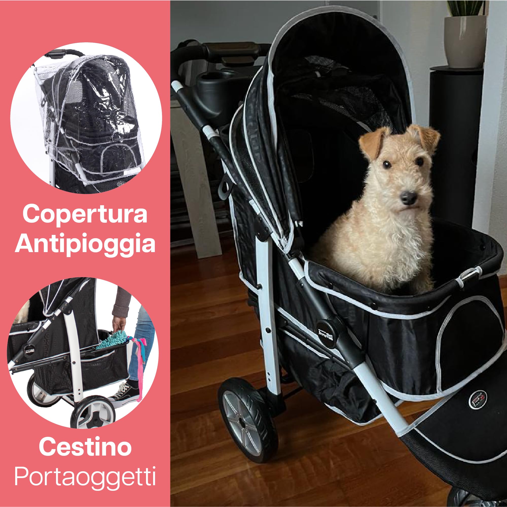 Innopet Monaco Passeggino per cani e gatti nero con copertura antipioggia, capacità 25 kg, pieghevole con una sola mano - Cestino portaoggetti convertibile - Cuscino double face
