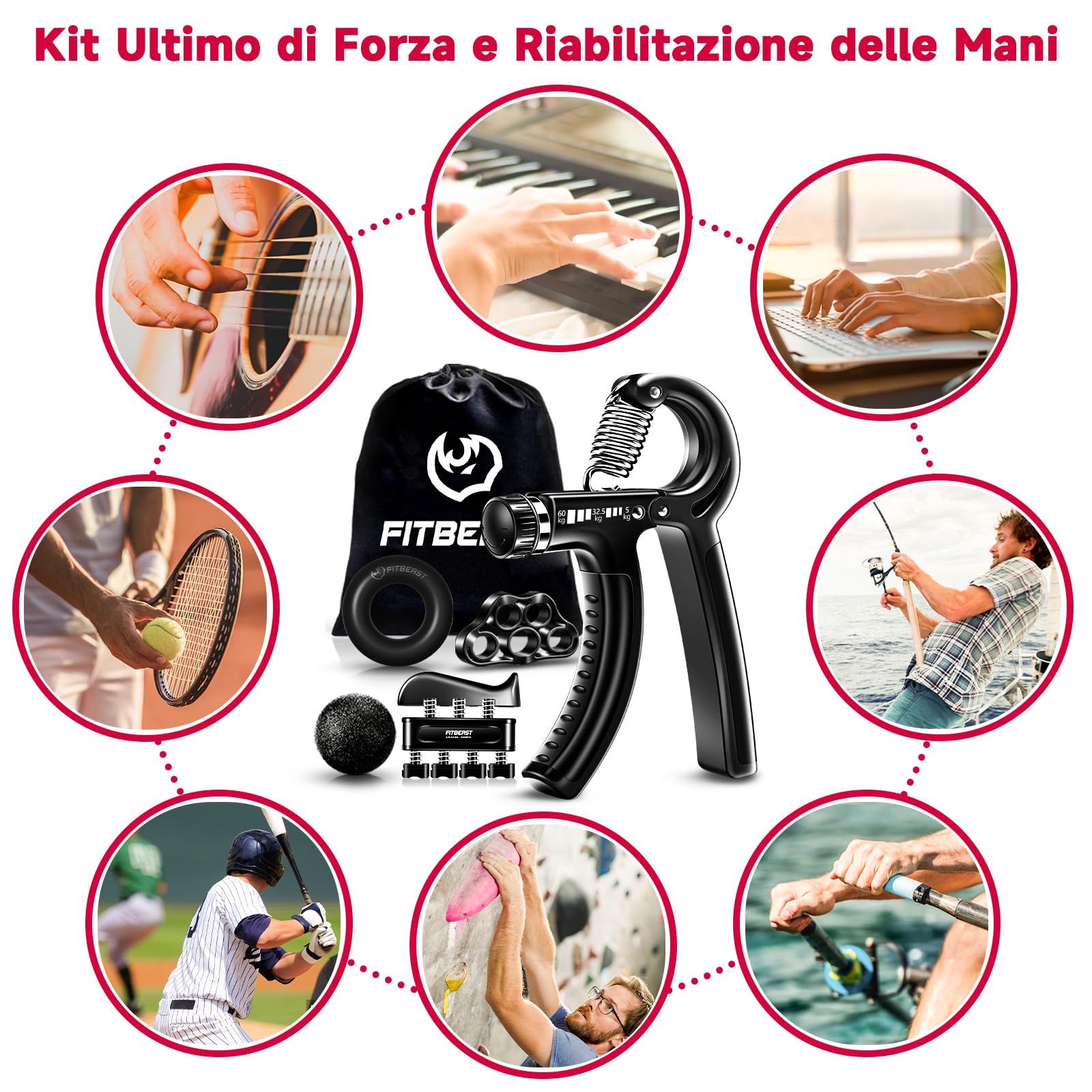 FitBeast Hand Grip Molla Avambraccio Gripper - Pacco da 5, Pinza per Avambracci Attrezzi, Attrezzo per Esercitare Le Dita, Finger Stretcher, Anello per Esercizi & Palla Antistress per Atleti