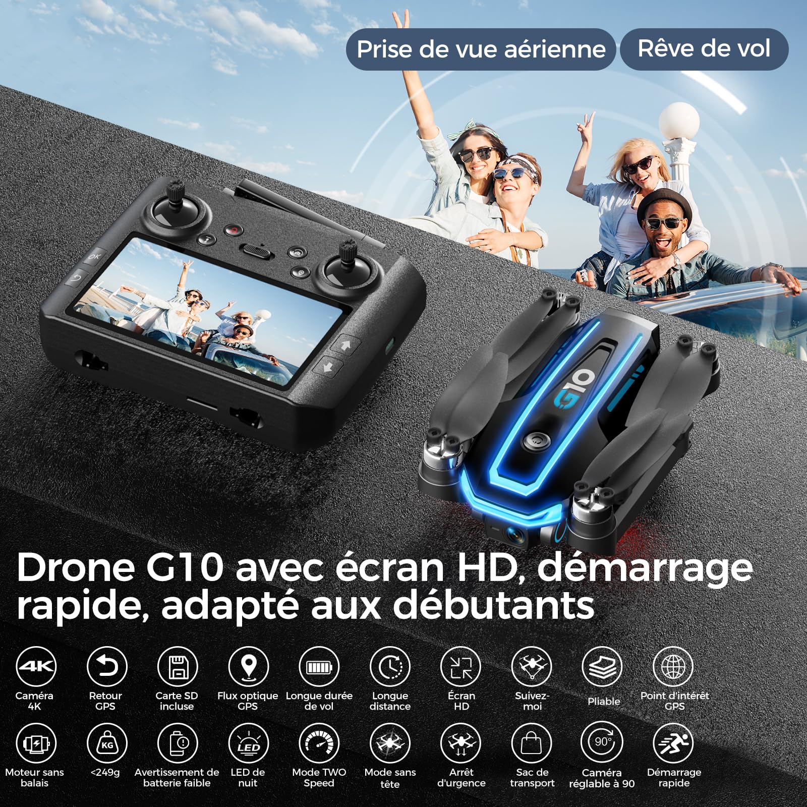 G10 GPS Drone avec Caméra Professionnel 4K EIS(Radiocommande avec Écran)45 Mins de Vol,Transmission Max 600m/1968ft,Suivi de Sujet,Retour Auto,FPV Quadcopter pour Adultes et Débutants,Moins de 249g,C0