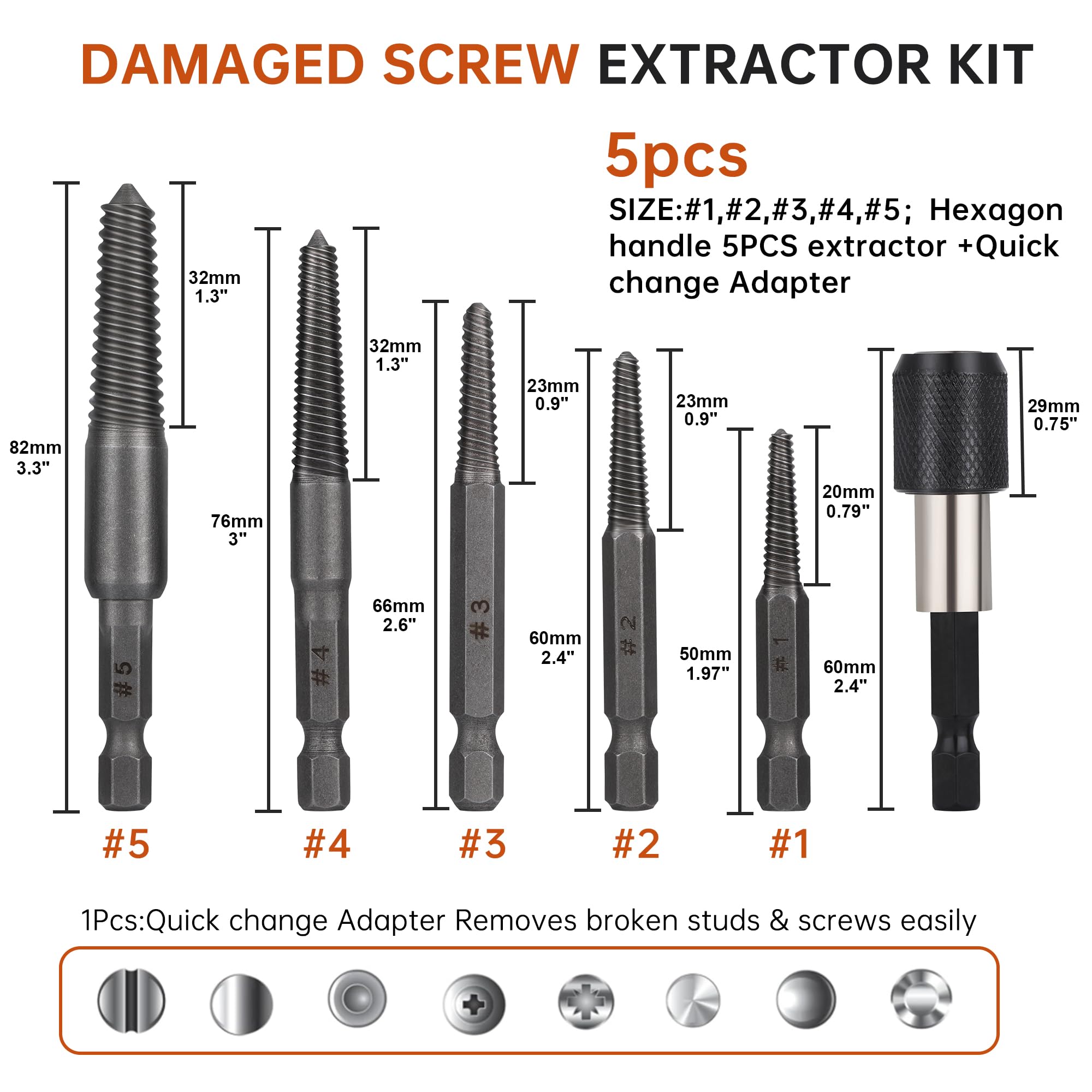 Kit Estrattore Viti Spanate Professionale–5pz Estrattori Viti Danneggiate/Bulloni Spezzati, Acciaio Temprato 5-18 mm