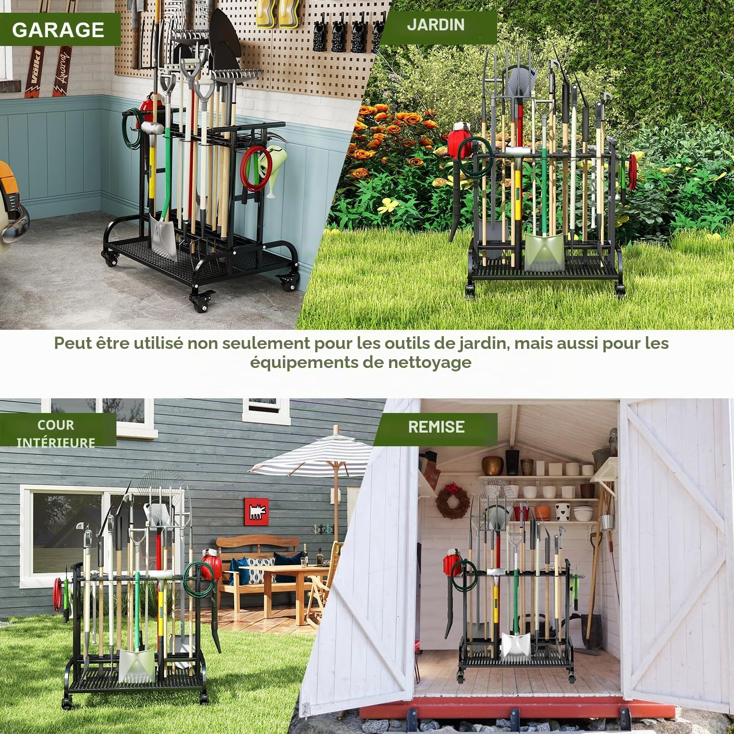 Étagère de rangement pour outils de jardin - En métal - Avec roulettes - Outil de nettoyage polyvalent - Pour garage et jardin