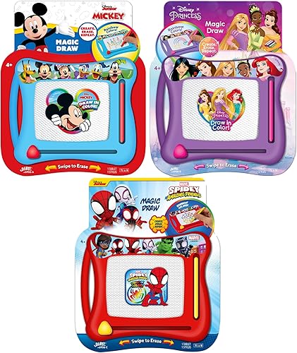 JA-RU Disney Princess Mickey Mouse y Marvel Spiderman Magic Draw-Magnetic Drawing Pad paquete de 3 surtidos Juguetes de viaje en coche Tablero de