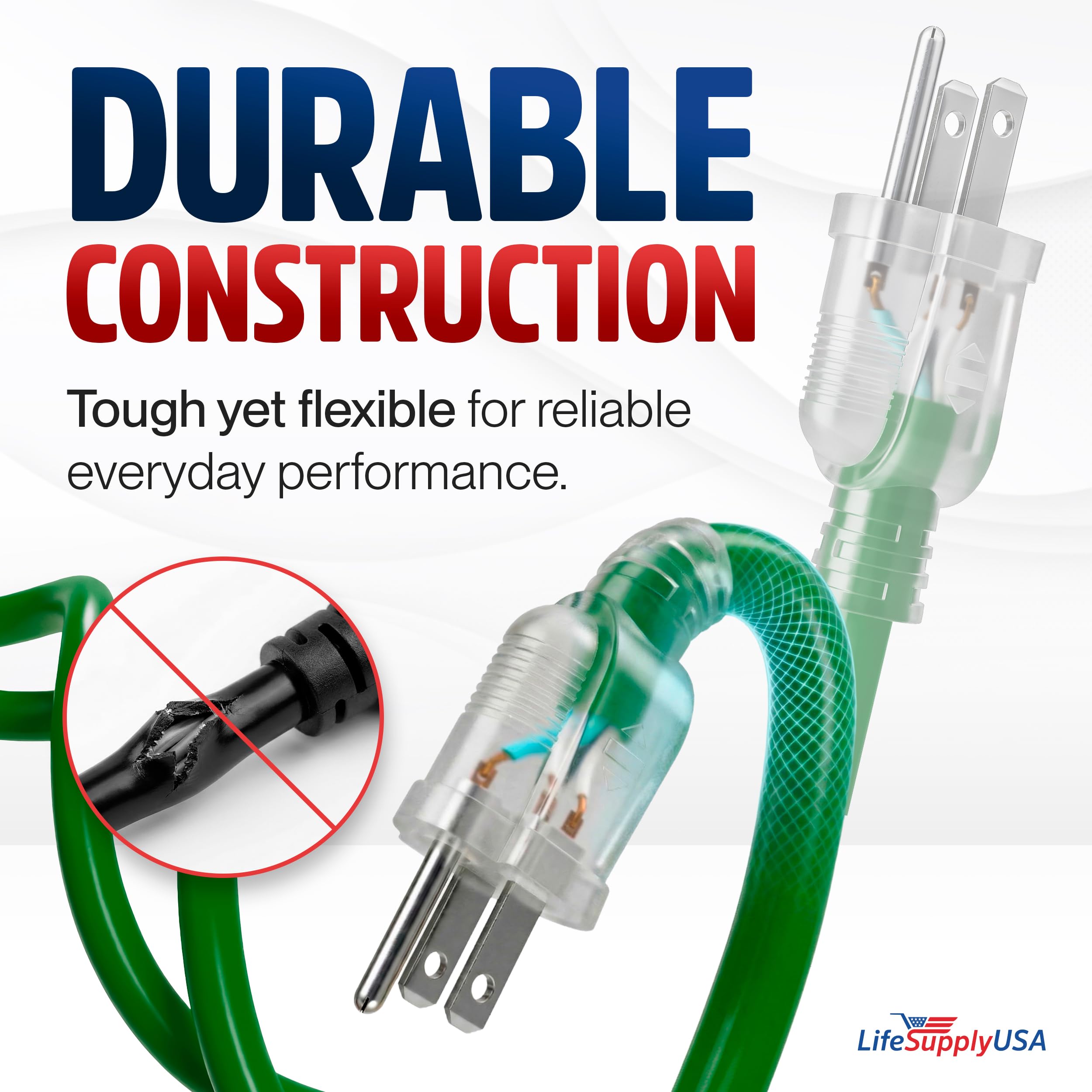 LifeSupplyUSA - Cable de Extensión Eléctrica Industrial 16/3 SJTW con Extremo Iluminado - Verde - Interior / Exterior Resistente, Extra Durabilidad, 13 A, 125 V, 1625 W, ETL