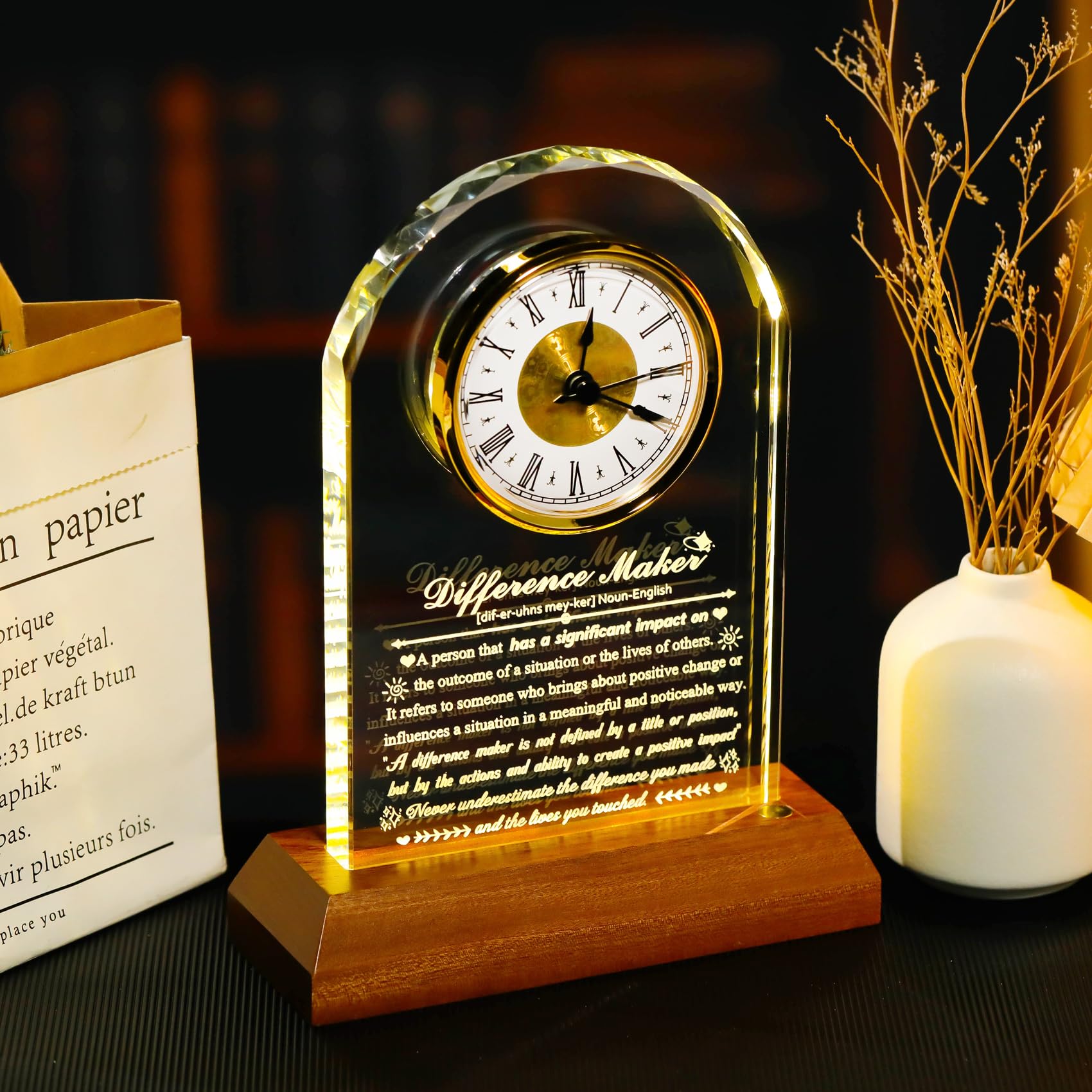 Arikyrist Reloj de cristal con base de madera, agradecimiento, agradecimiento, jubilación, regalos motivacionales para compañeros de trabajo, empleados, líderes, decoración de escritorio de oficina