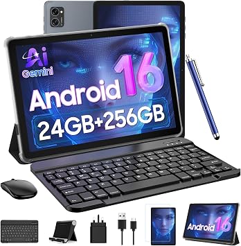 TABWEE T20 10 Inch Android 16 Tablet with Keyboard, Up to 24GB, Gemini AI