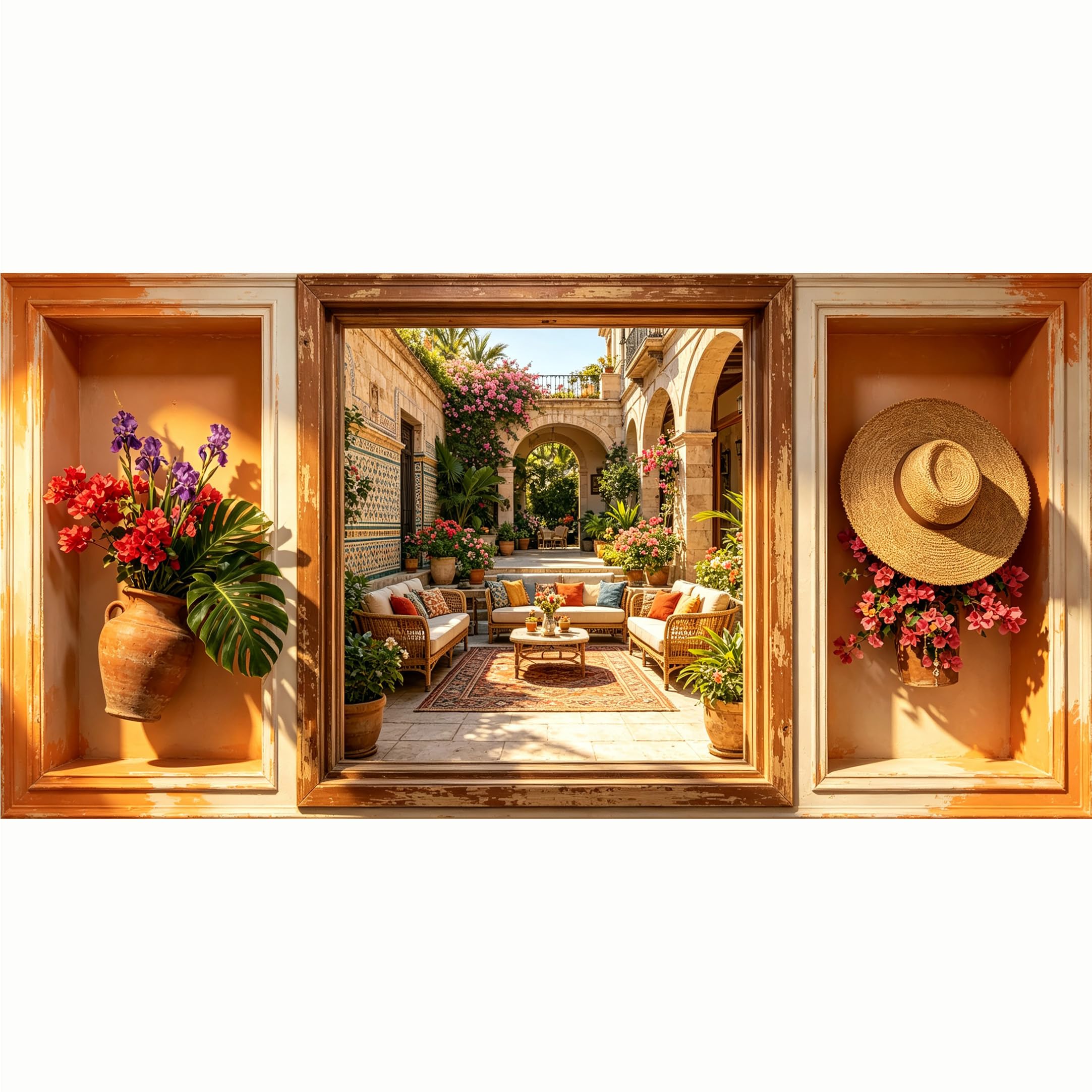QZLITHOTIC 50x100cm 3D Framed Wall Art， Mediterranean Villa Courtyard Botanical Landscape Self‑Adhesive Mural， Water‑Activated Peel & Stick Fabric Decor Wall Decal for Bedroom Living Room