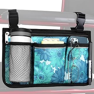 Update Flower Color Wheelchair Bag Side Organizer Storage Armrest Pouch with Cup Holder and Reflective Stripe Use Waterproof Fabric, for Most Wheelchairs, Walkers or Rollators (Blue Floral)