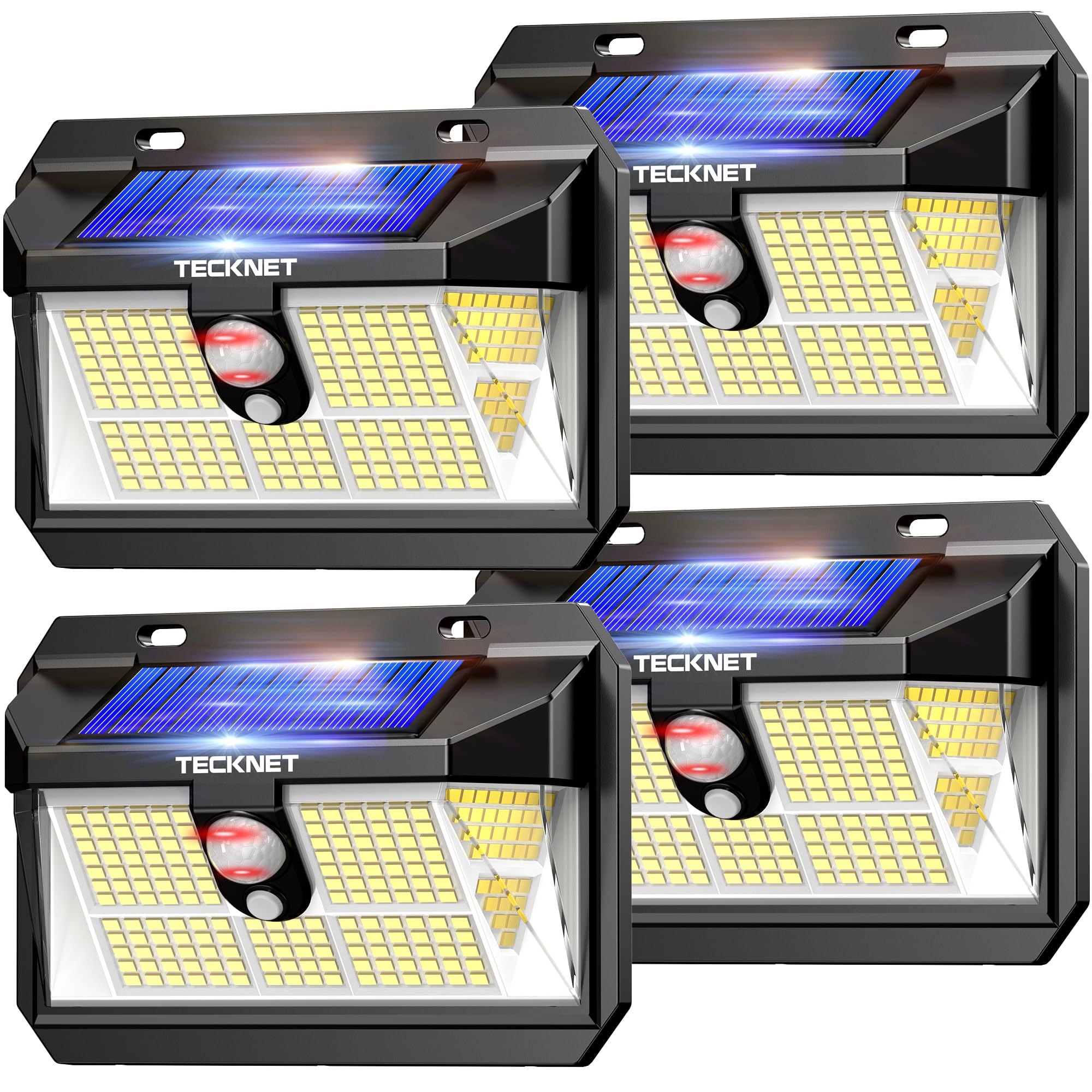 TECKNET Luz Solar Exterior, 236 LED/300° Iluminación (Ilumina 35㎡) Brillo Alto Luces Solares con Sensor de Movimiento, 3 Modes IP65 Impermeable Focos Led Solares para Jardín, Garaje, Patio, 4 Paquete