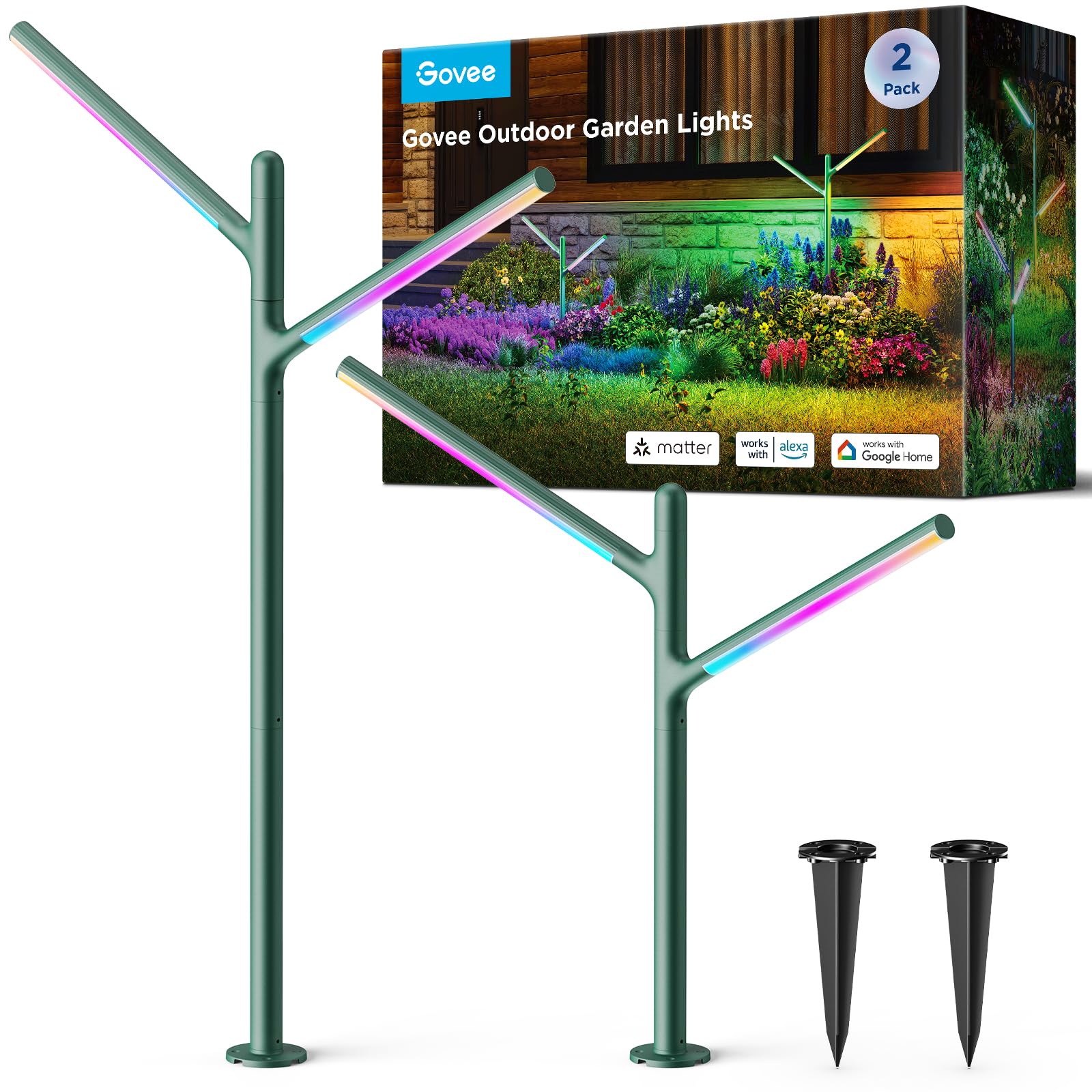 Govee RGBWWIC Gartenleuchte, 1100lm 16M DIY-Farben, CRI 94, IP66 Metall | 1100lm 2700-6500K, 3x2.5m Coverage, 30-90cm DIY Höhe, 64 Scenes, 20,000h life, Alexa Matter Kompatibel, Branch-style design