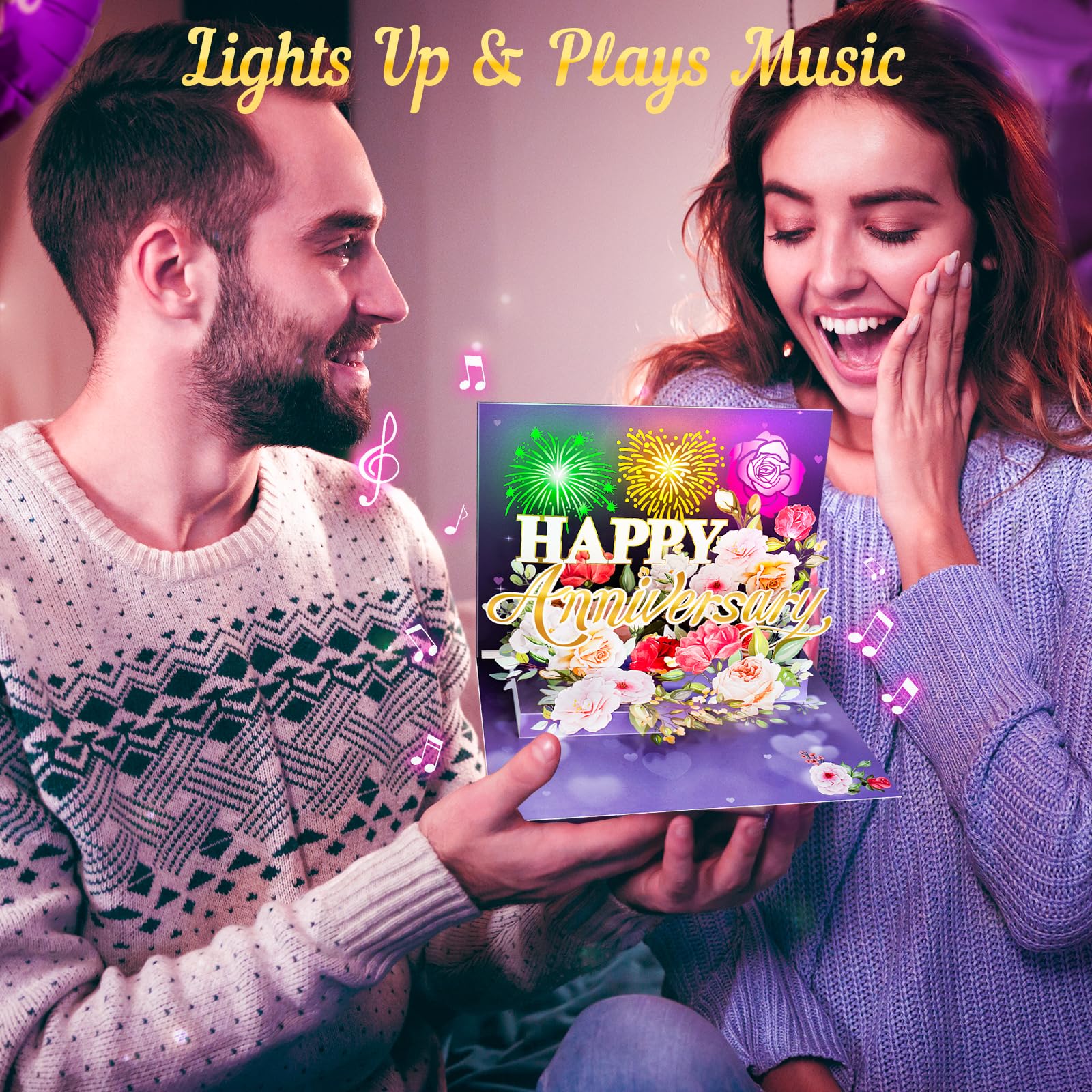 Biglietto di anniversario, musica e luce, biglietto di San Valentino pop up con fuochi d'artificio fiori regali per lui suo marito moglie coppia - viola