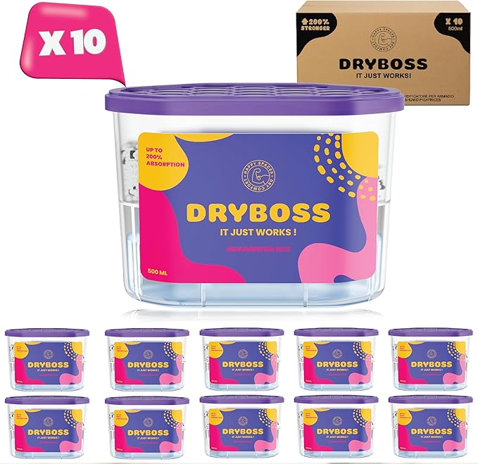 DRYBOSS Pack x 10 Deshumidificador Absorbente Anti Humedades de Armarios, Interior Casa, Cajones, Habitacion, Pared, Coche. Quita Olores y Absorbe Humedades. Previene Condensación. Antihumedad