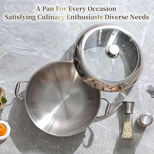 Miniatura 38 de DELARLO Sartén de acero inoxidable de tres capas de cuerpo entero de 9.45 pulgadas, woks de acero inoxidable y sartenes para freír, sartén pequeña