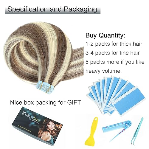 Miniatura 3 de Extensiones de cabello humano con cinta adhesiva, color marrón claro degradado y rubio con rubio decolorado, 20 unidades, 1.76 oz, 18 pulgadas,