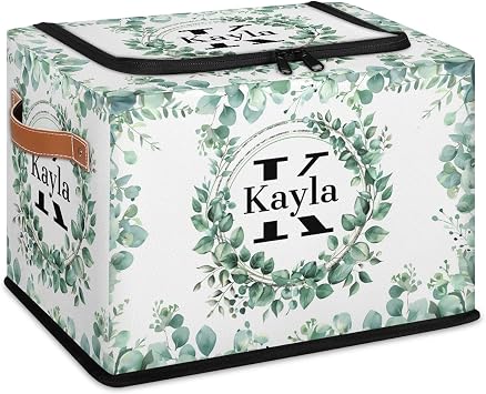 Custom Eucalyptus Leaves Initials Storage Bins with Zipper Lid Handle, Personalized Fabric Storage Boxes, Foldable Closet Organizers Cubes for Clothes Shelves Home Decorative 1PCS