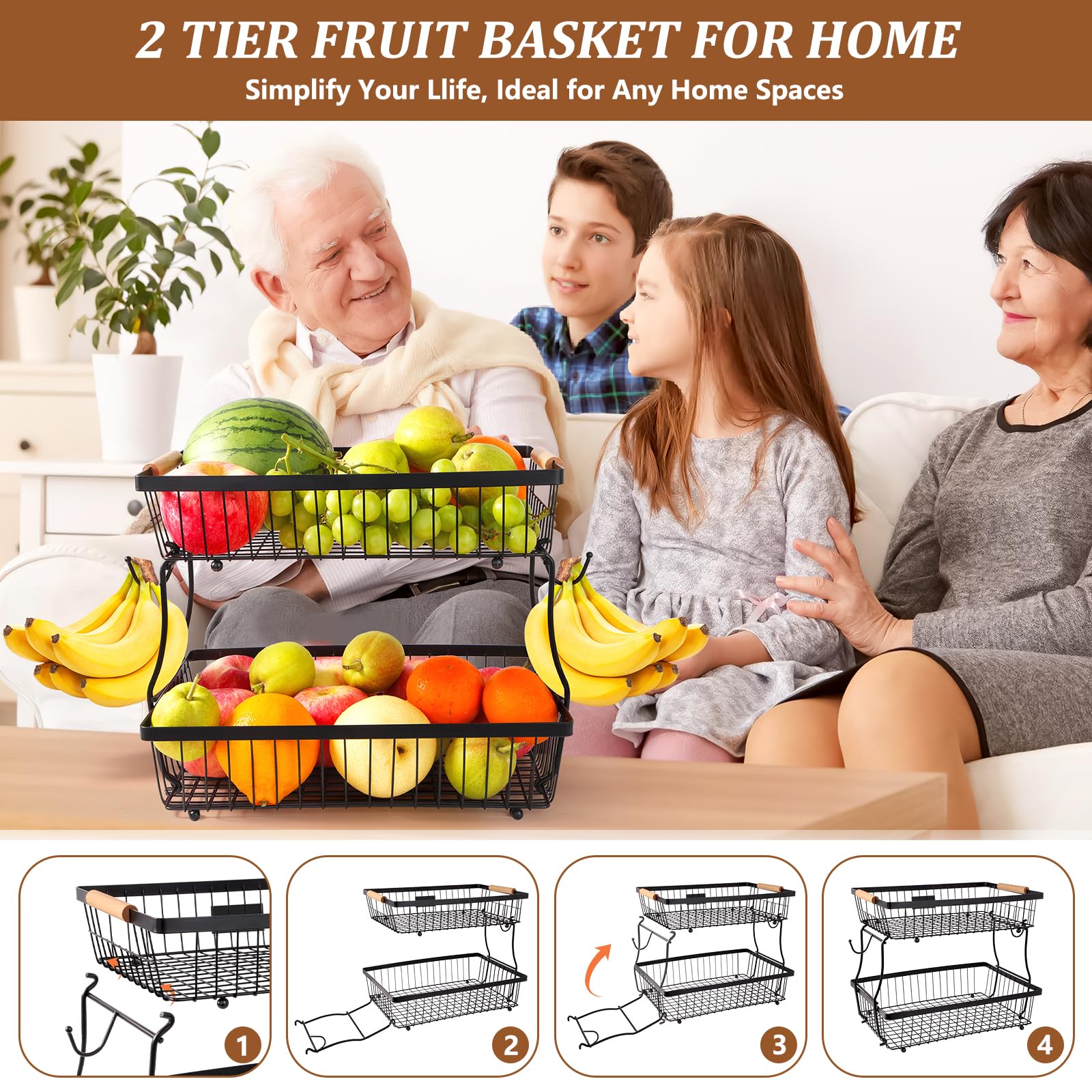 FoiiLiio Porta Frutta da Tavolo Cestino Portafrutta a 2 Ripiani per Cucina Cestino di Frutta e Verdura da Appoggio, Fruttiera per Frutta Vassoio per Pane Staccabile in Filo Metallico