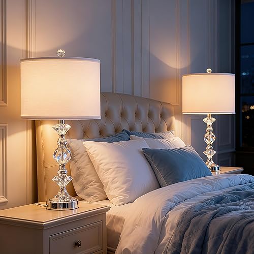 Miniatura 4 de Juego de 2 lámparas de mesa de cristal de 25.5 pulgadas para sala de estar, modernas lámparas de mesita de noche con puertos de carga USB A+C con