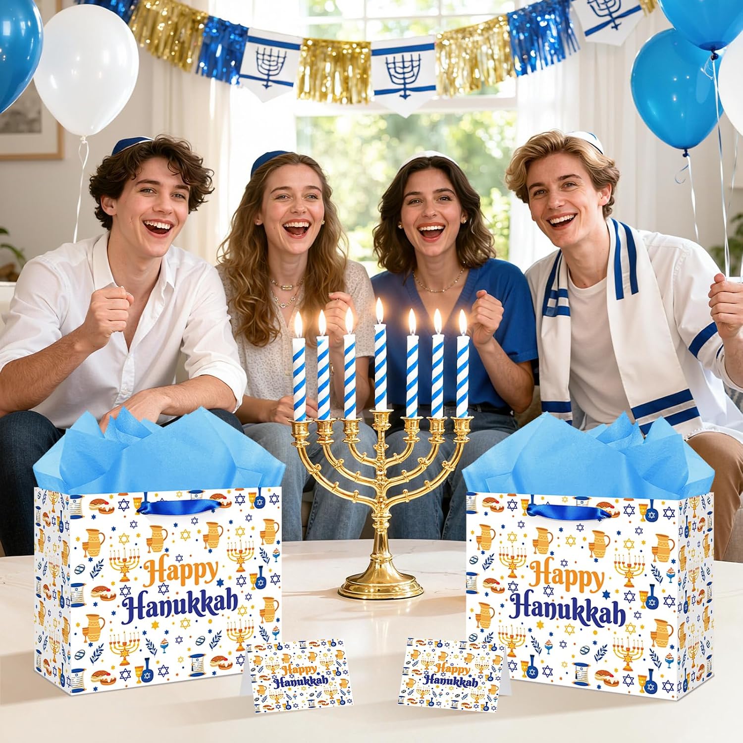 TagreSpike Hanukkah Gift Bag Happy Hanukkah Wrapping Bag with Handle Tissue Paper and Card Menorah Jewish Theme Party Favor Bags for Chanukah Festival of Light Party Decor Supplies