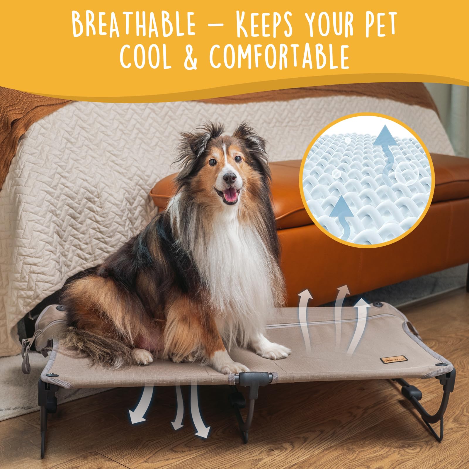 Daisy Cot, Medium Foldable Elevated Dog Bed, Portable Raised Outdoor Folding Dog Cot, Cooling, Chew Proof, Waterproof, Heavy Duty Up to 160 lbs for Camping/Home, Brown, 32"x 19"x6" - image 4
