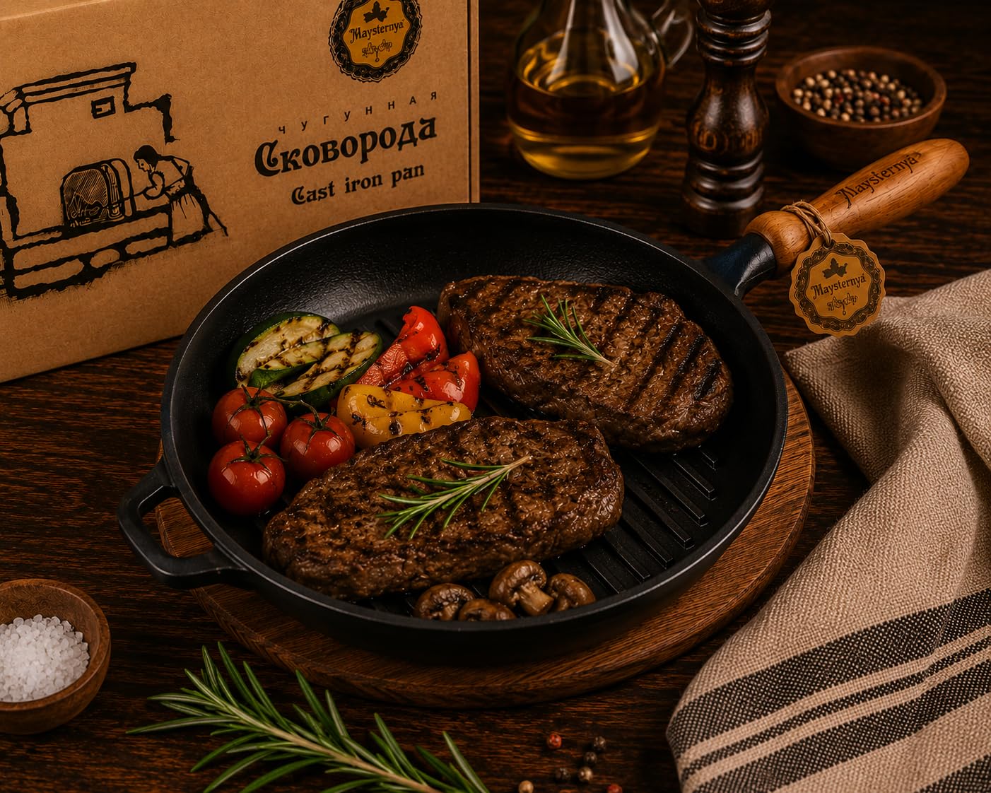 Sartén Grill de Hierro Fundido con Mango de Madera – Ø 24 x 4 cm – Compatible con Inducción – Sartén Universal para Parrilla y Fuego Abierto – Hierro Fundido Robusto – Sin PFAS – Negro