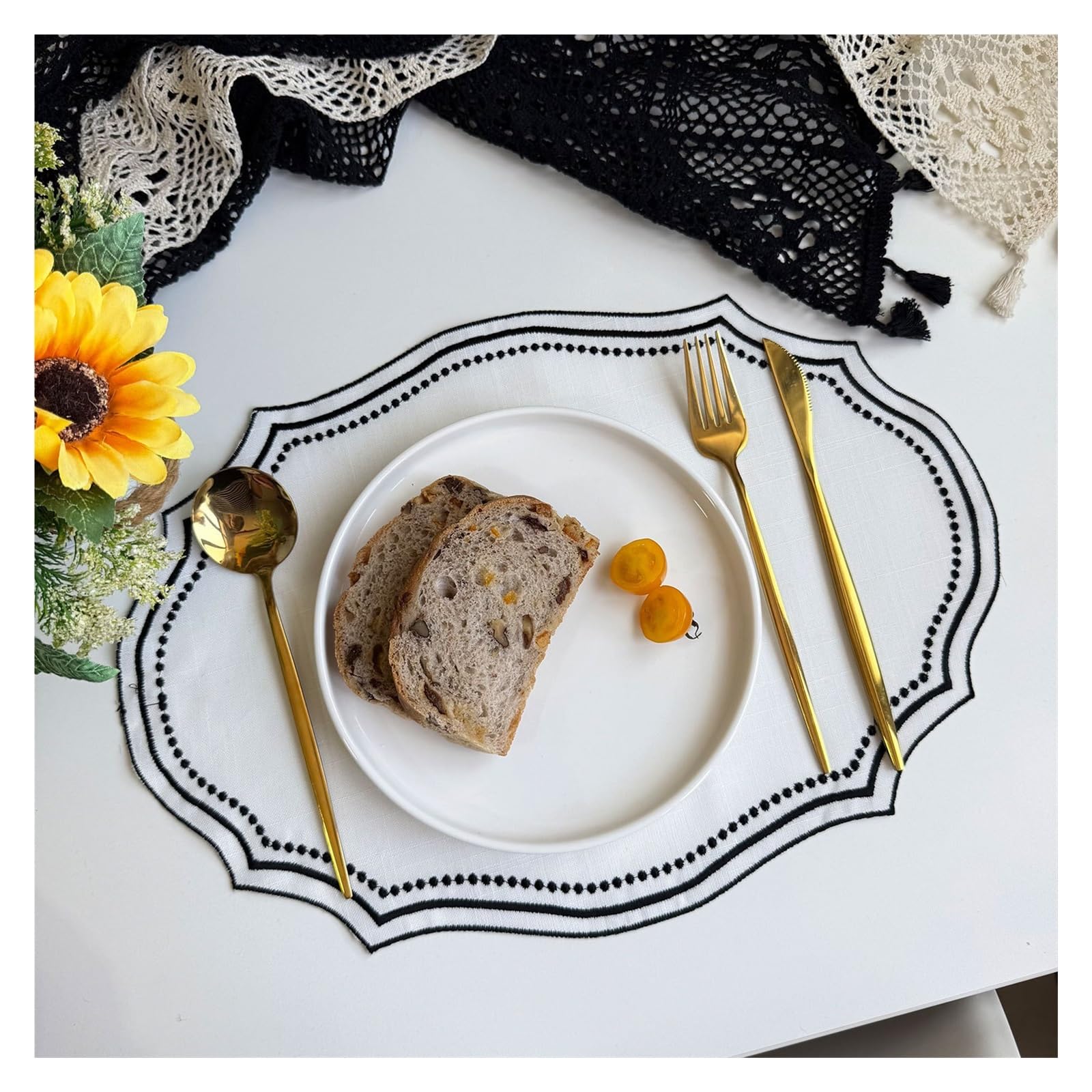 Placemats 5pc Vintage Embroidered Fabric Placemat Imitation Cotton Linen Decorative Table Mat Napkins Washable French Lace Place(Color-01)