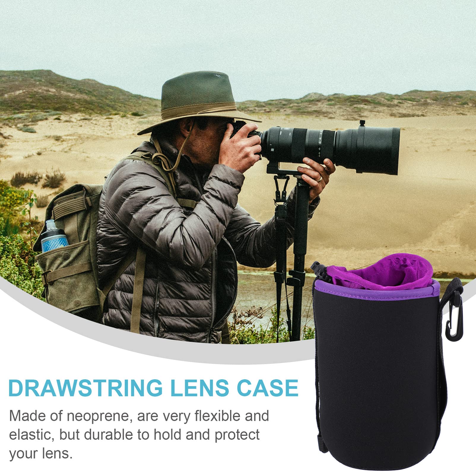 SOLUSTRE Camera Lens Case Black Drawstring Soft Pouch Bag Waterproof Shockproof Size L, Black Purple, 24x10x9cm - Image 4