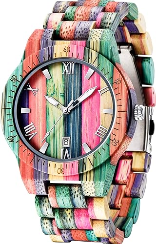 Dentily Wooden Watches for Men Handmade Colorful Bamboo Engraved Wood