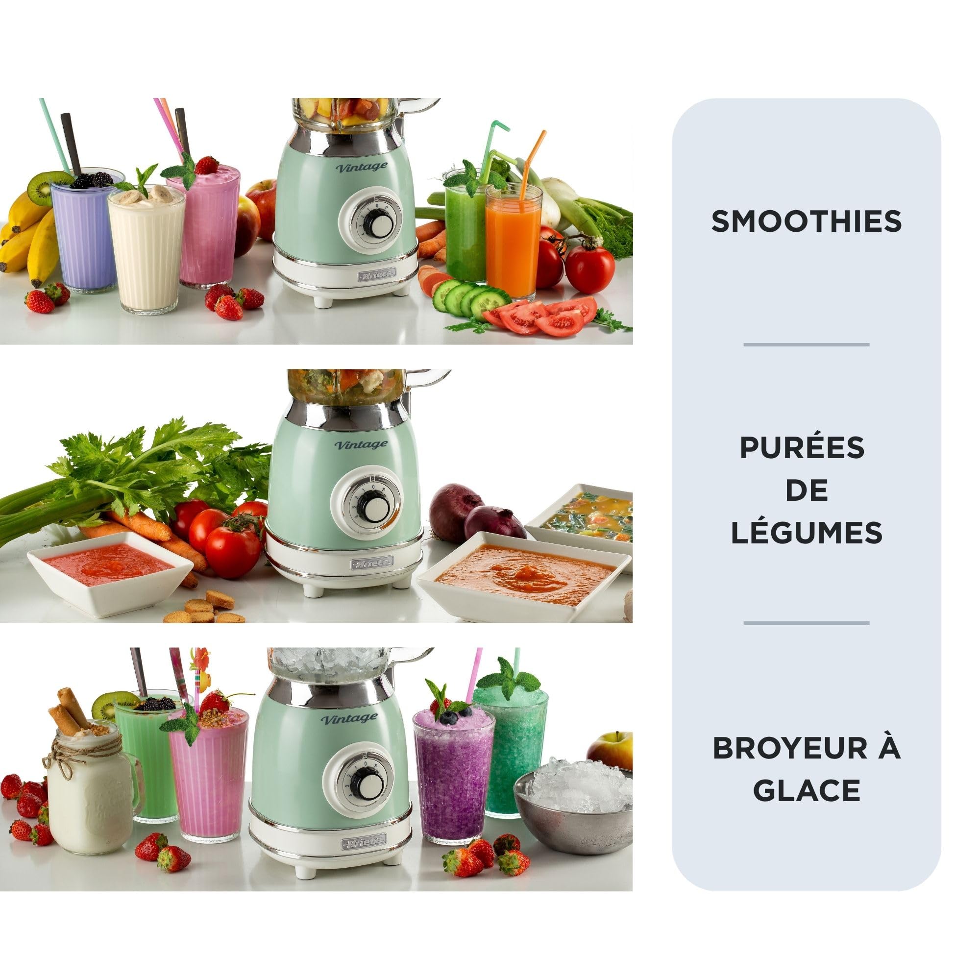 Ariete Mixeur en Verre Vintage 583, Blender Multifonctionnel avec 4 Lames, 4 Vitesses + Impulsion, Fonction Broyeur de Glace, Capacité de 1,5 Litre, 1000W, Vert