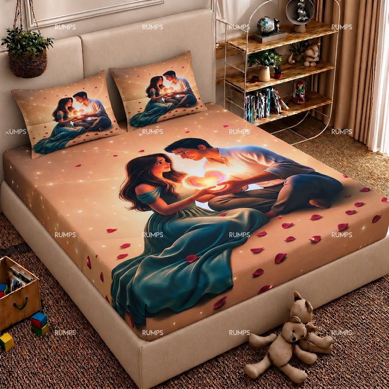 RUMPS 7D HD Digital Printed Romantic Couple King Size Bedsheet with 2 Pillow Covers | Love Theme Designer Bedding Set | Luxury Bedroom Décor Collection | Size 90x100 Inches