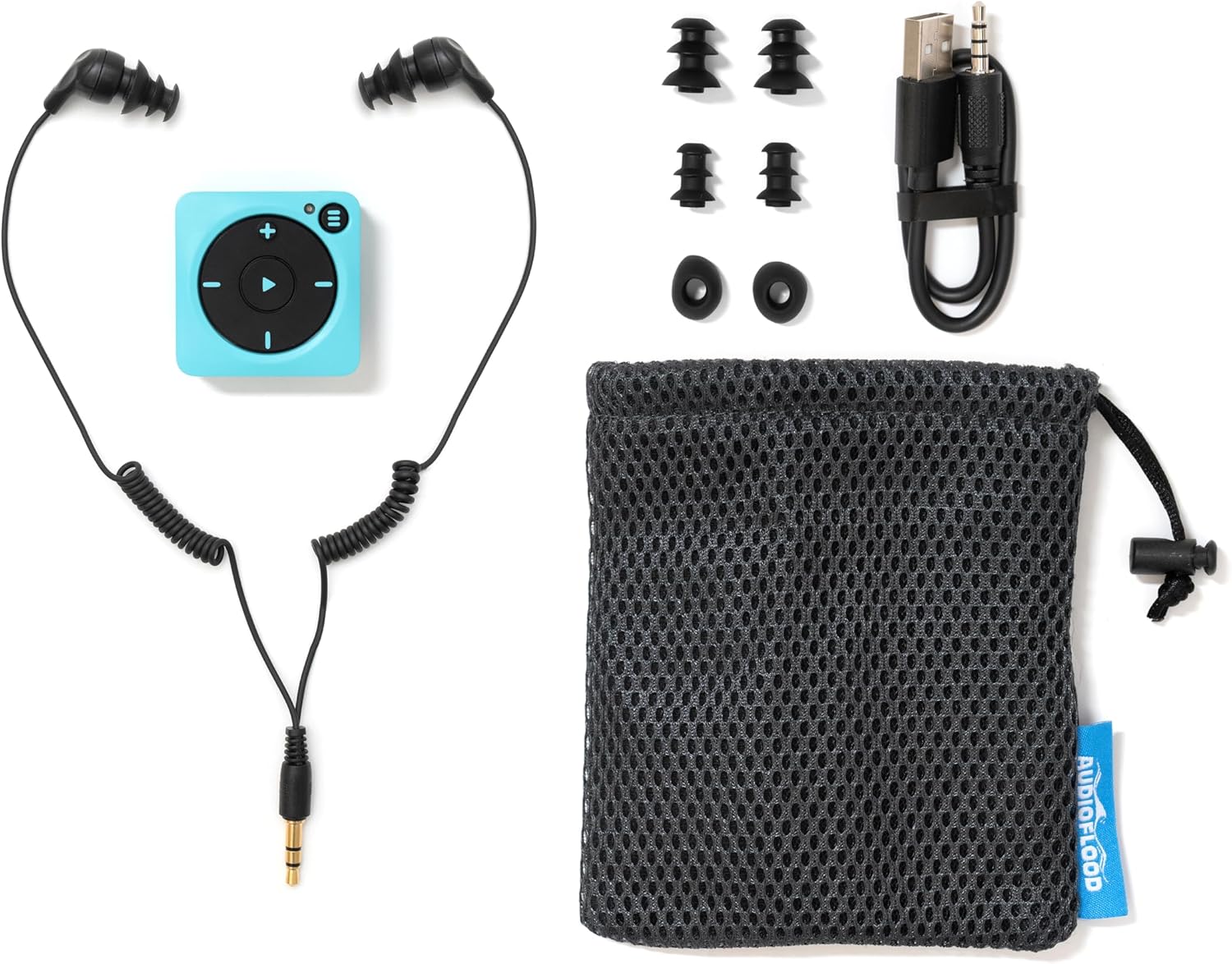 Waterproof Mighty Spotify & Amazon Music Player MP3 by AudioFlood with Waterproof Short Cord Headphones Waterproof Mighty Spotify & Amazon Music Player MP3 by AudioFlood with Waterproof Short Cord Headphones
