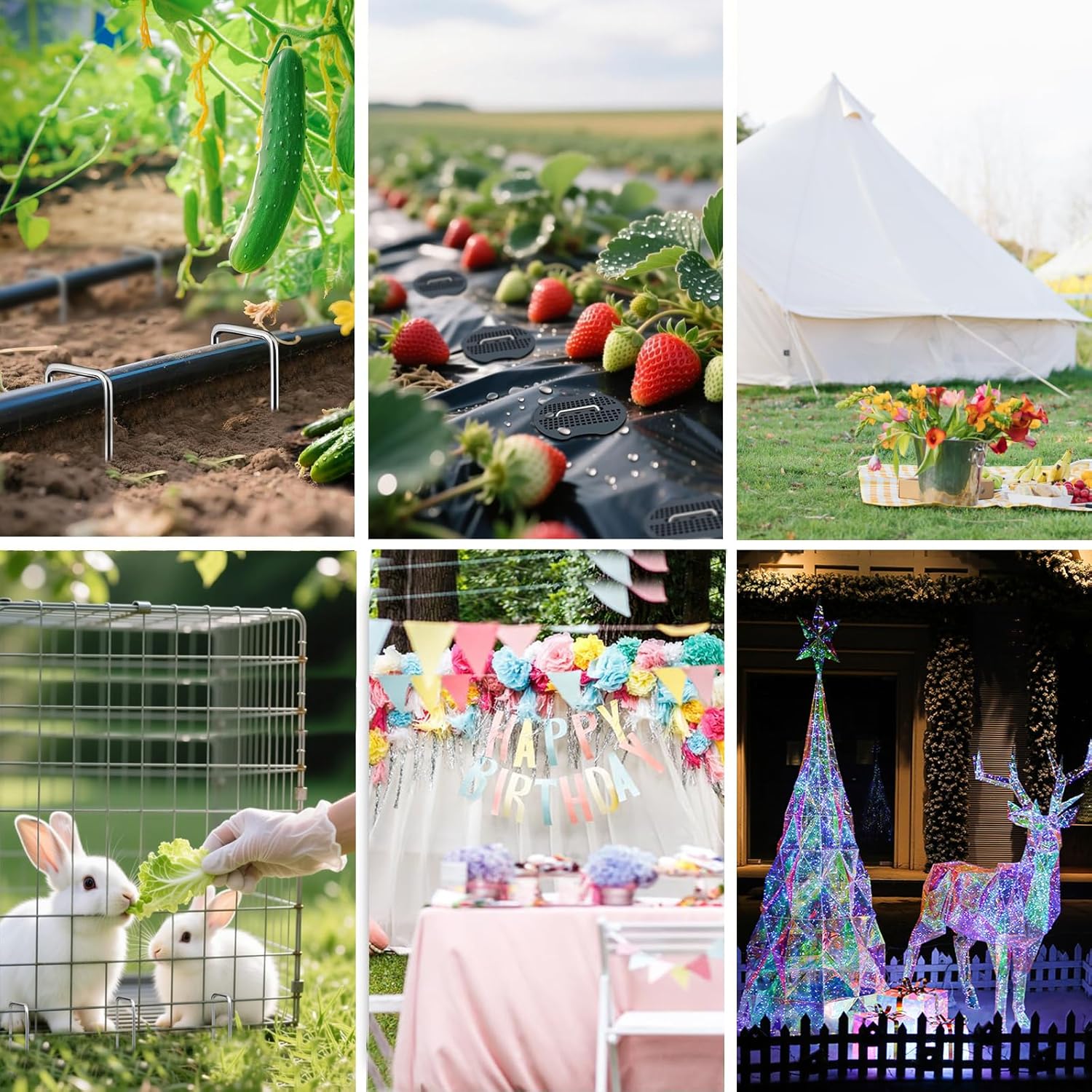 6 Inch Landscape Staples Set, 11 Gauge Galvanized U-Shaped Garden Stakes (200 Pack) with Gaskets, Hook Tool & Rubber Mallet for Weed Fabric & Landscaping