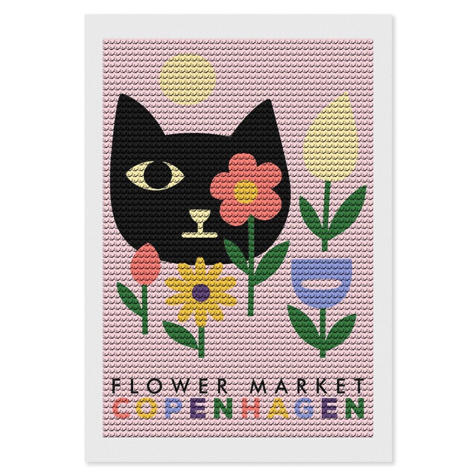 Junmoney Flower Market Copenhagen Cat Art DIY Diamond Art Canvas Kit 8"x12", Adhesive Canvas, Easy to Enjoy, Farmhouse Decor, Festive Craft Gift