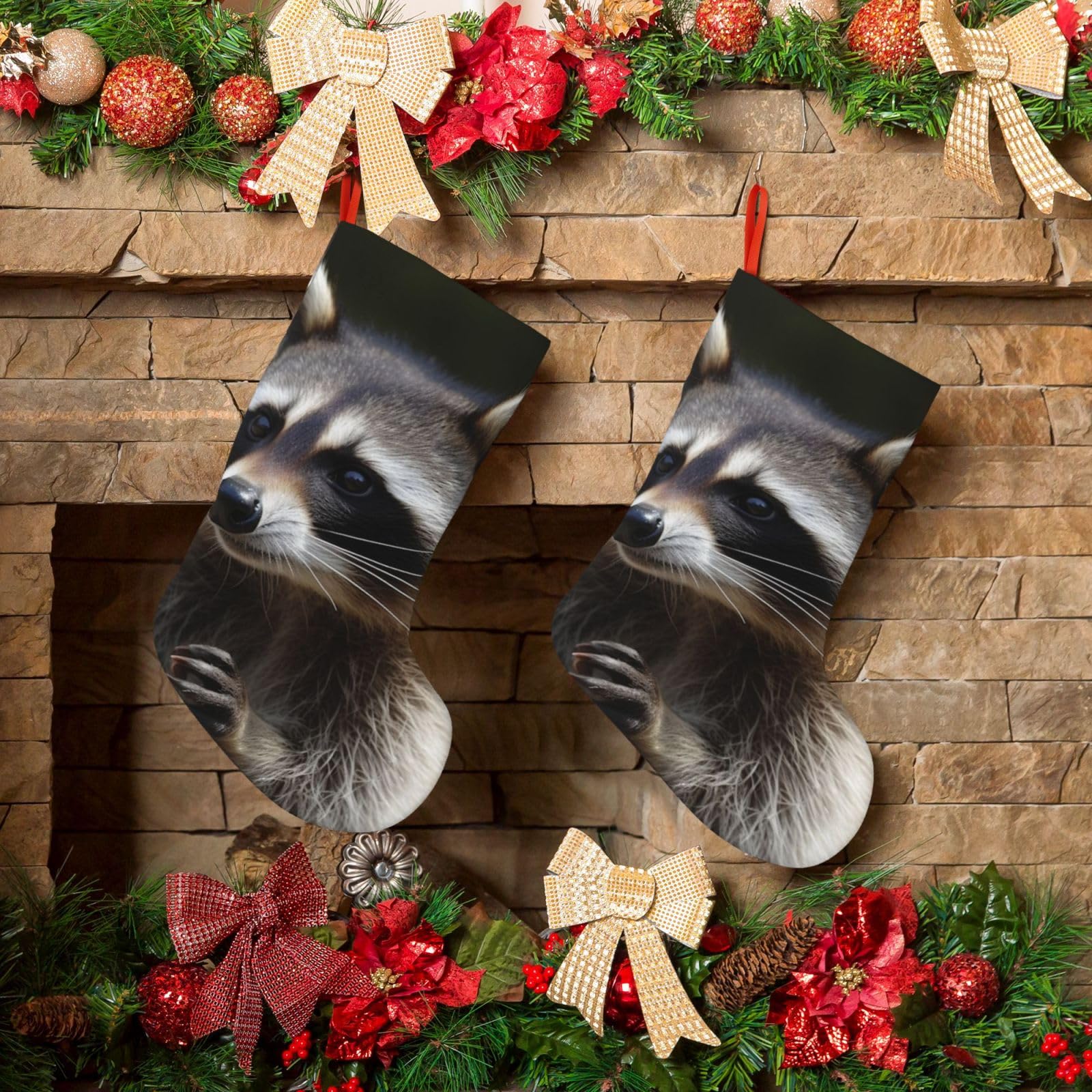 KLOPH Christmas Stockings 18" Personalized Xmas Stocking Raccoon Decoration Stocking Hanging Fireplace Stocking for Holiday Xmas Tree Christmas Fireplace Decor