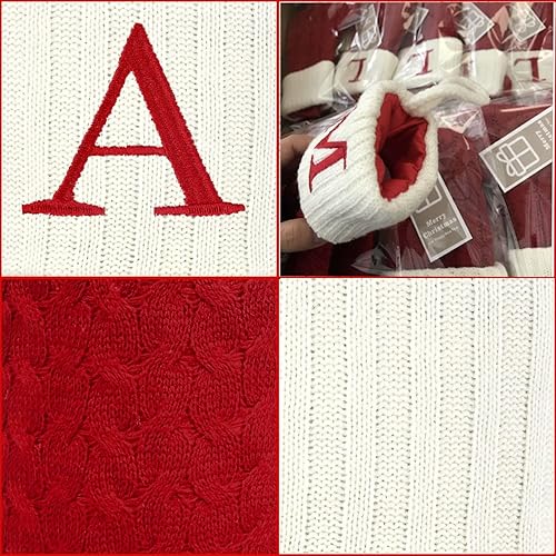 Miniatura 2 de Medias de Navidad con iniciales, 7.1 pulgadas, pequeñas letras bordadas de punto rojo y blanco, calcetín de Navidad para decoraciones familiares de