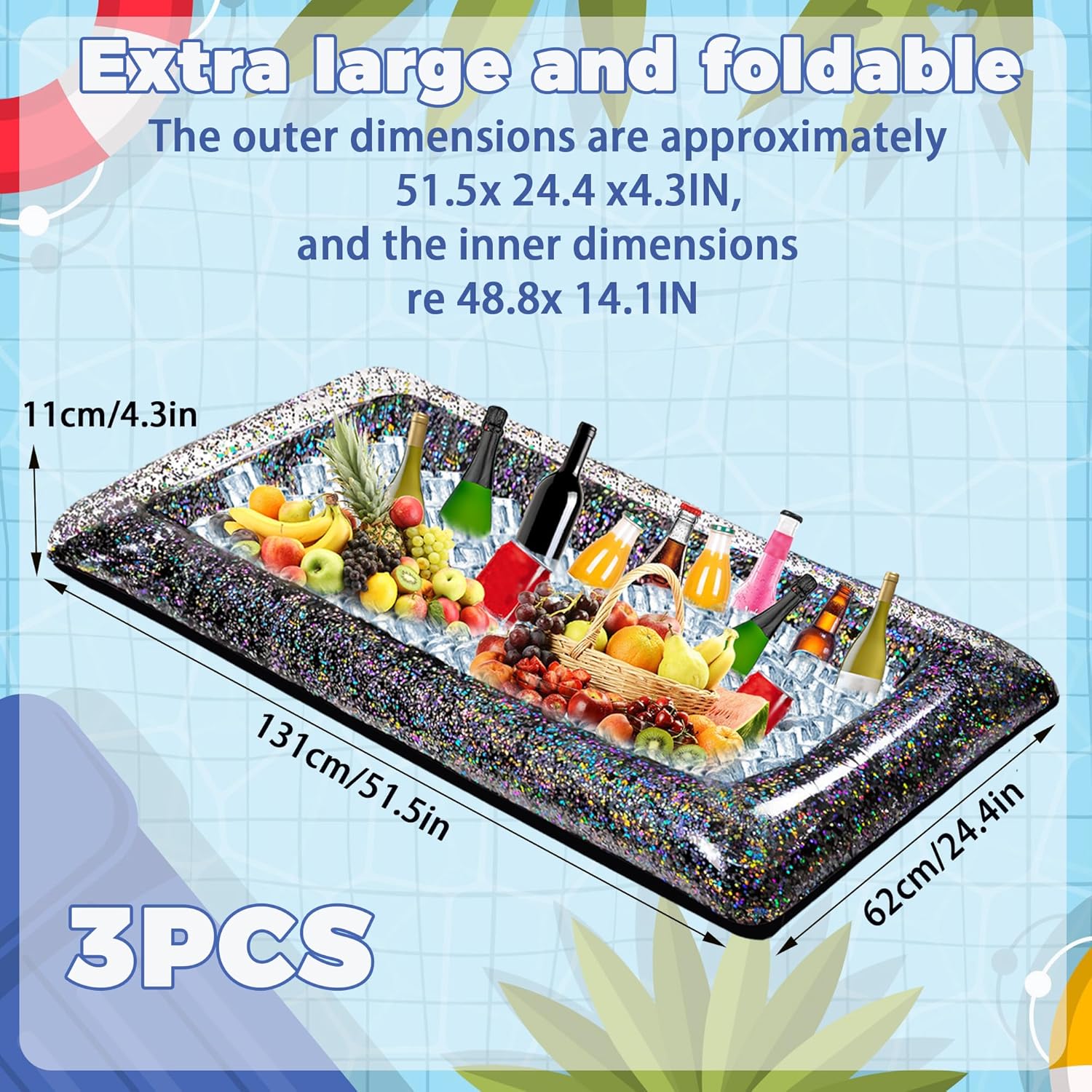 Inflatable Glitter Serving Bar 3Pcs with Drain Plug, New Years Eve Party Supplies Indoor Outdoor BBQ Picnic Luau Pool Party Decoration for Salad Food Drink Cooler(Black)