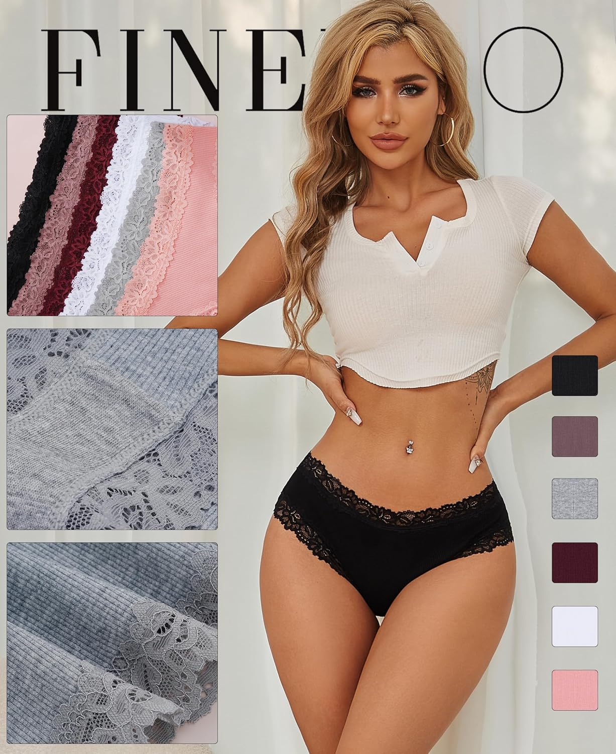 FINETOO Womens Underwear Cotton Bikini Underwear for Women Lace Wasit Hipster Panties Soft Breathable Briefs 6 Pack - Image 2