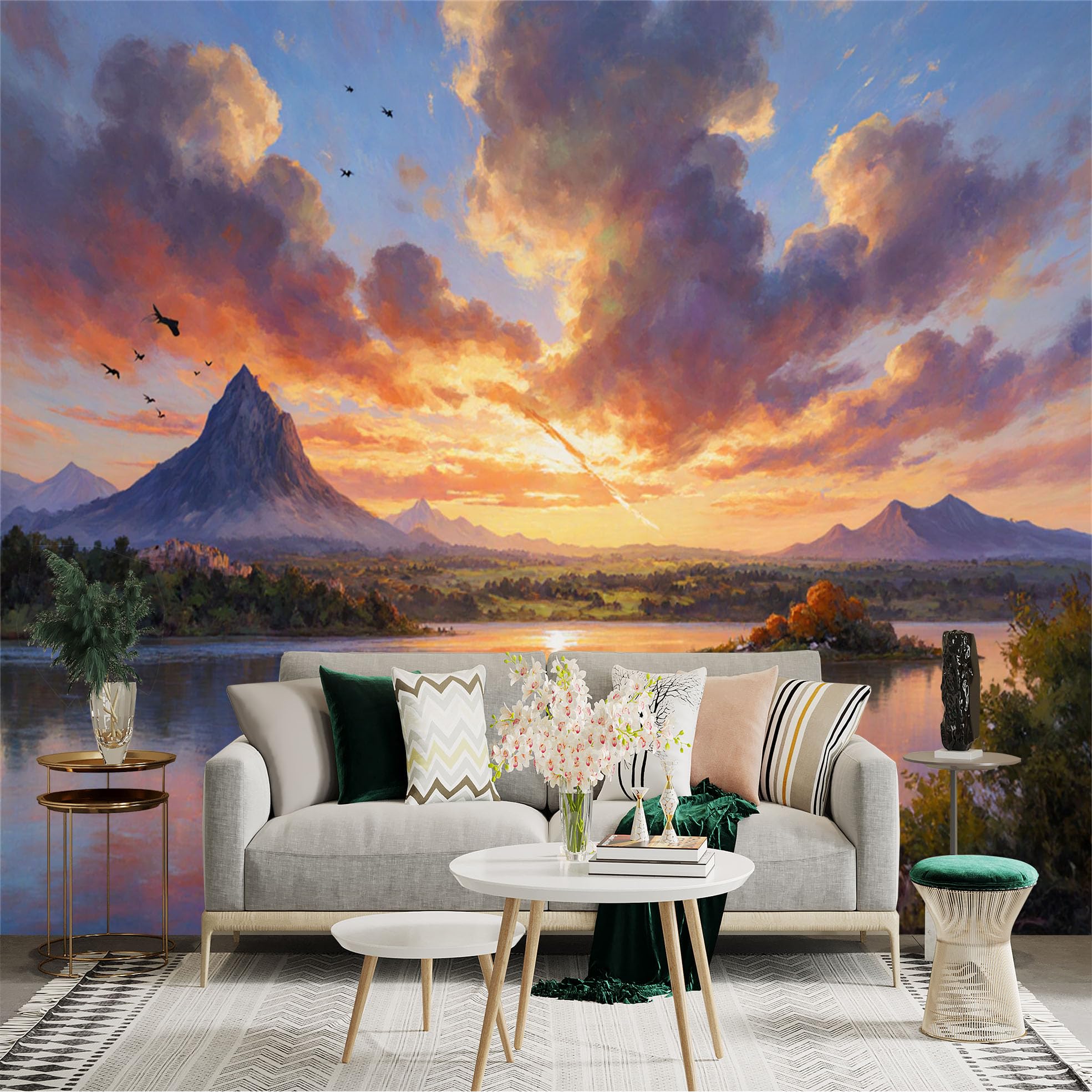 Lnzczhyre Xc260505082 Custom Size Wall Sticker Mural， Majestic Mountain Lake At Golden Sunset， Peaceful Clouds And Flying Birds， For Wall Decoration， Peelandstick Wall Decals.