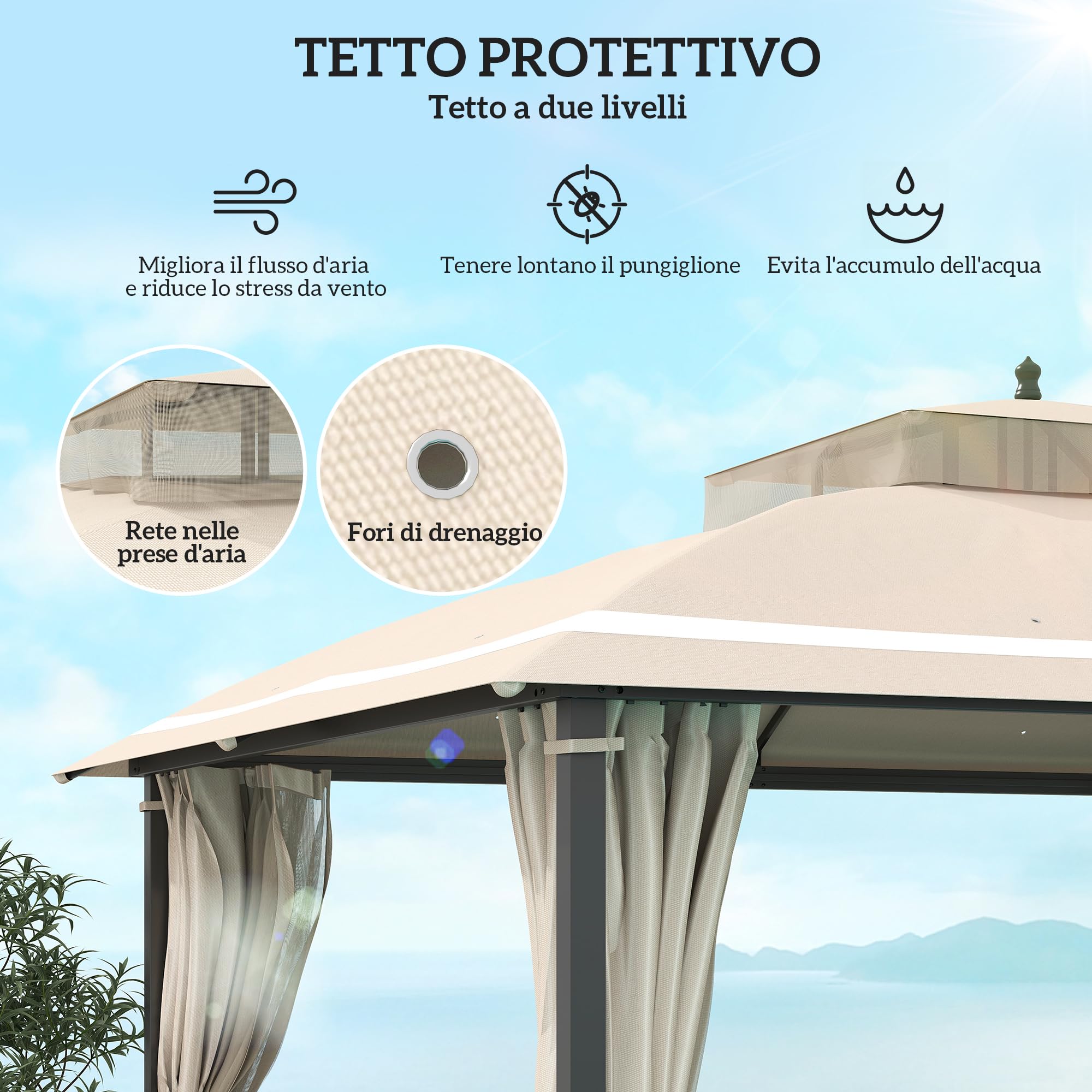 Outsunny Gazebo da Giardino 3.7x3m con Zanzariere, Doppio Tetto, Fori di Drenaggio e Pareti Laterali, Gazebo da Esterno in Metallo e Poliestere, per Giardino, Feste, Campeggio, Protezione UV, Beige