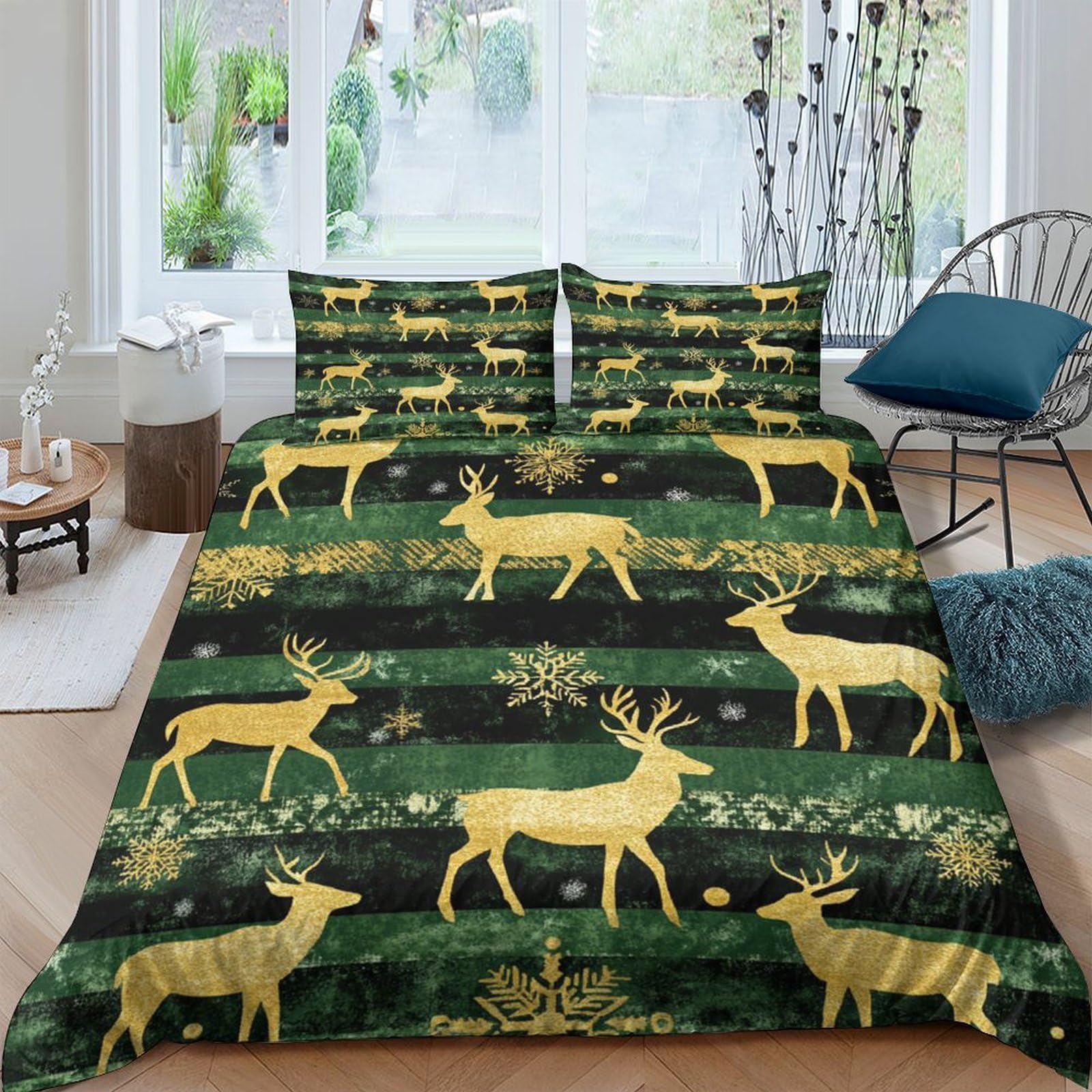 GPLZQXKJNH 3D Printed Golden Deer Forest Duvet Cover Microfiber Soft Breathable Snowflake Bedding Set with 2 Pillowcases for Bedroom Decor Single（135x200cm）