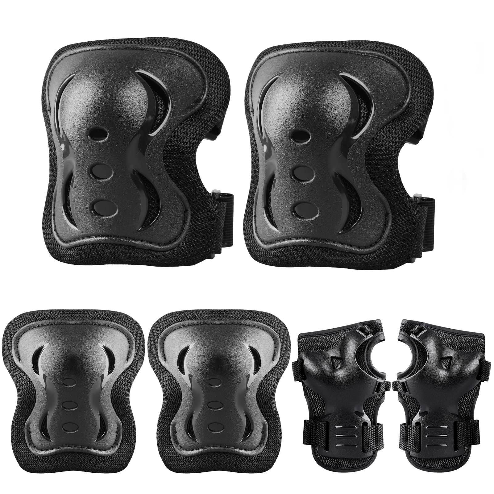 Plusawa Kids Knee Pads, Elbow Pads, Wrist Guards, Glow-in-the-Dark, Sports Protective Gear Set for Skateboard, Cycling, Roller Skates and Outdoor Activities 0-50KG (Black, M)