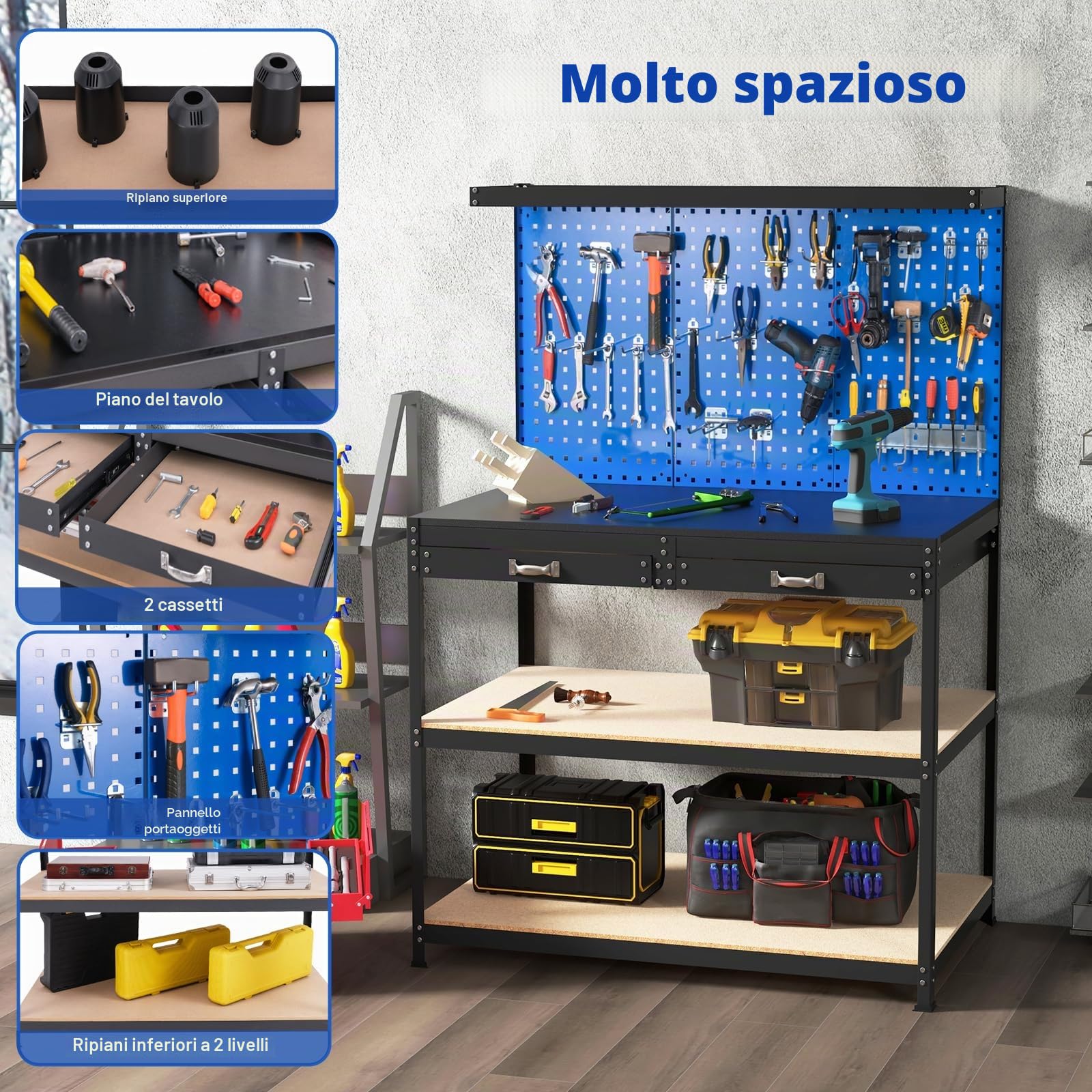 SOARS Banco da Lavoro, Organizer per Attrezzi in Metallo con 3 Pannelli Perforati con Kit di 24 Ganci, 2 Cassetti e 2 Ripiani, Banchi da Lavoro per Officina, Garage (Blu, 121 X 61 X 156 CM)