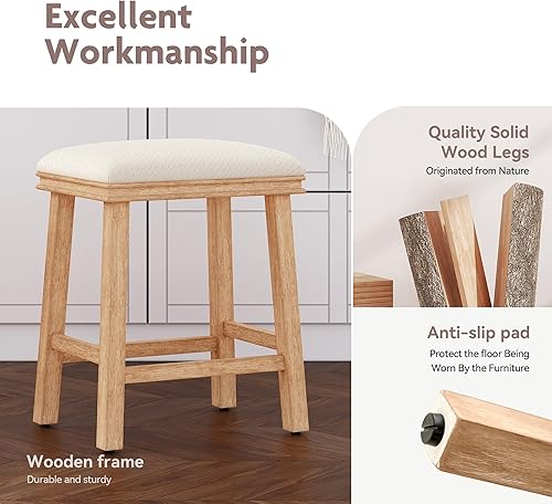 Miniatura 47 de ALPHA HOME Juego de 2 taburetes de bar, taburetes de cocina de madera maciza con cojín de piel sintética gris, taburetes de bar con base de madera