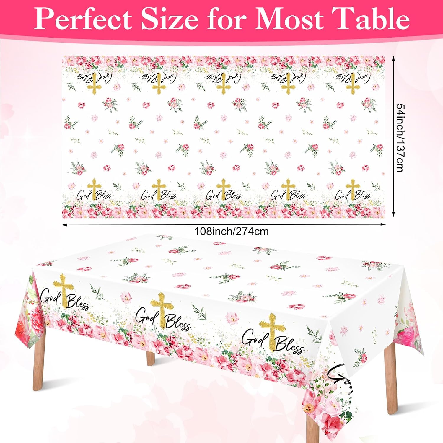 Ganeen 3 Pcs God Bless Baptism Tablecloth First Holy Communion Table Cloth Pink Disposable Plastic Religious Table Cover Waterproof for Christening Baby Shower Baptism Party Decorations, 54 x 108 Inch