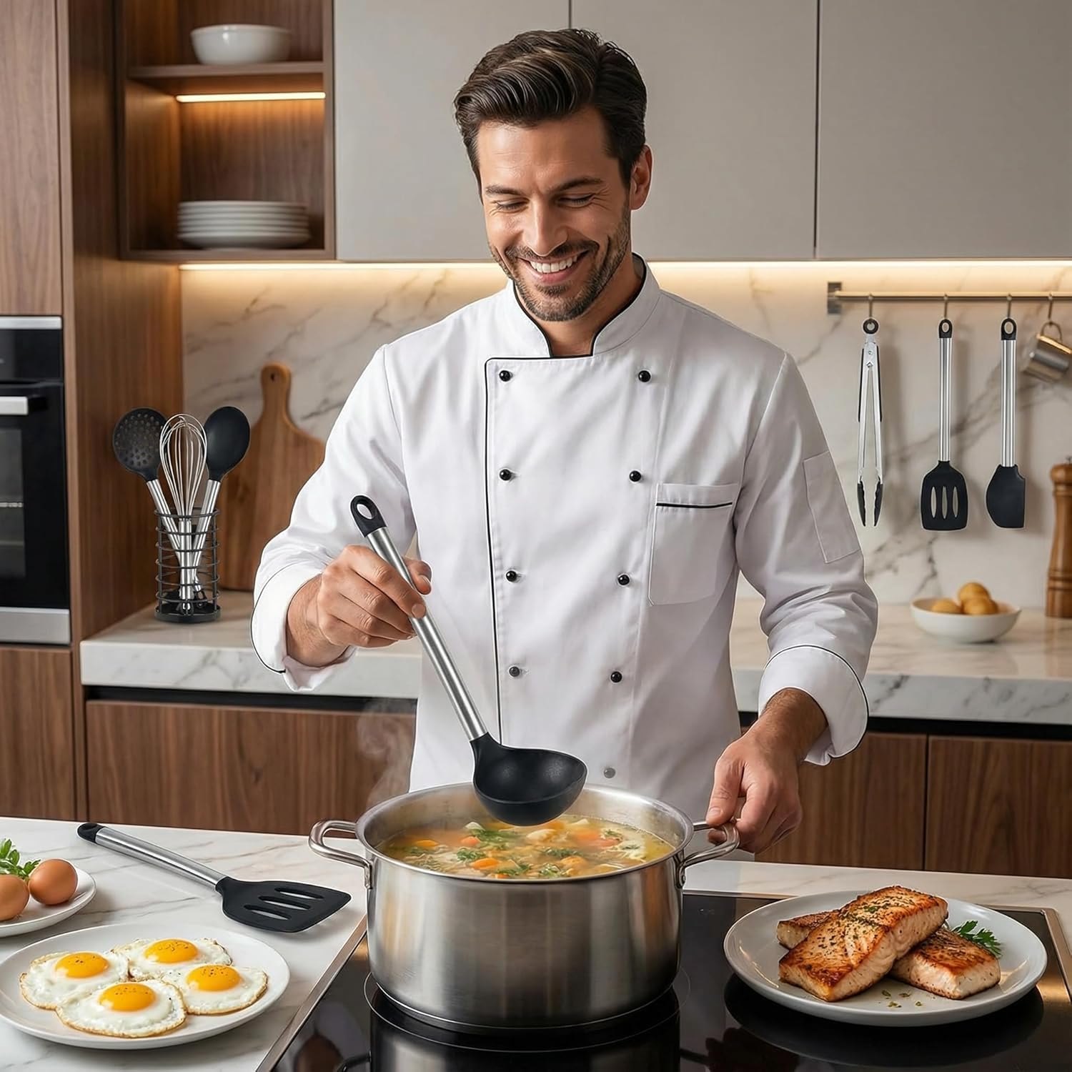 KSENDALO 9-Piece Silicone Cooking Utensils Set with Holder, Heat Resistant Kitchen Utensils Set of Slotted Spatula, Spoons, Whisk, Tong, Non Toxic Black Kitchen Tool Set for Nonstick Cookware, Black