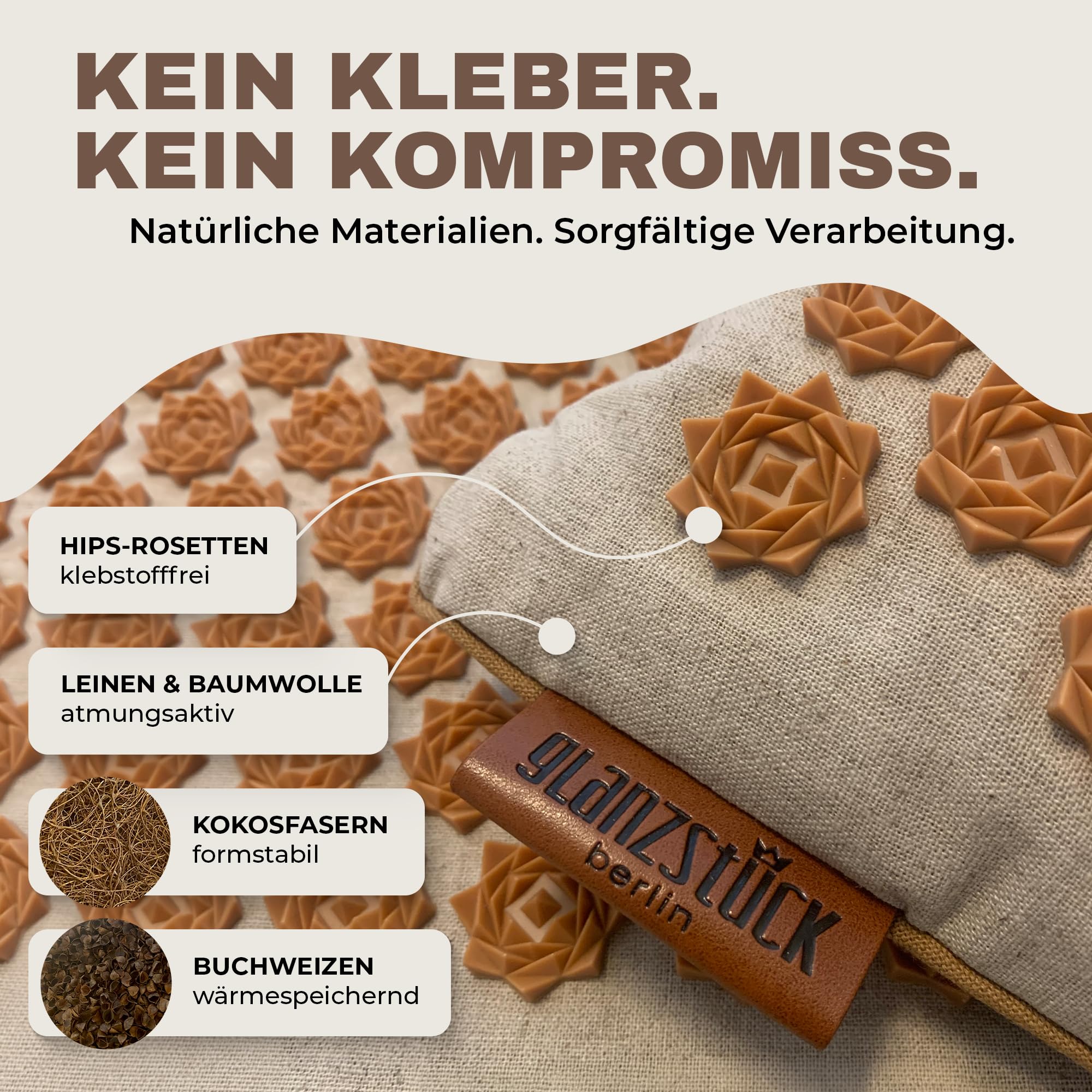 Glanzstück Berlin® Akupressurmatte XL – Set mit Kissen, Tragetasche & Reise-Rosette, 6.850 Blütenspitzen für Rücken, Nacken & Ganzkörper | 72 × 42 cm | Designed in Berlin