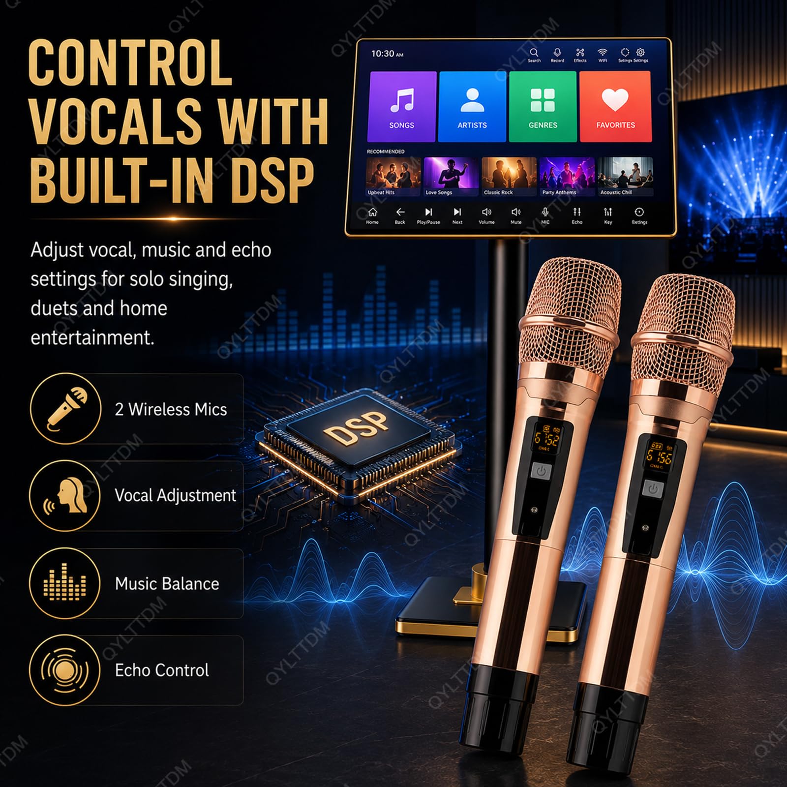 TYH Sistema Karaoke Professionale da 21,5 Pollici, Macchina Karaoke con Schermo Touch Capacitivo, con 2 Microfoni Wireless, Controllo Tramite App per Smartphone, Funzione di Amplificazione di Potenza