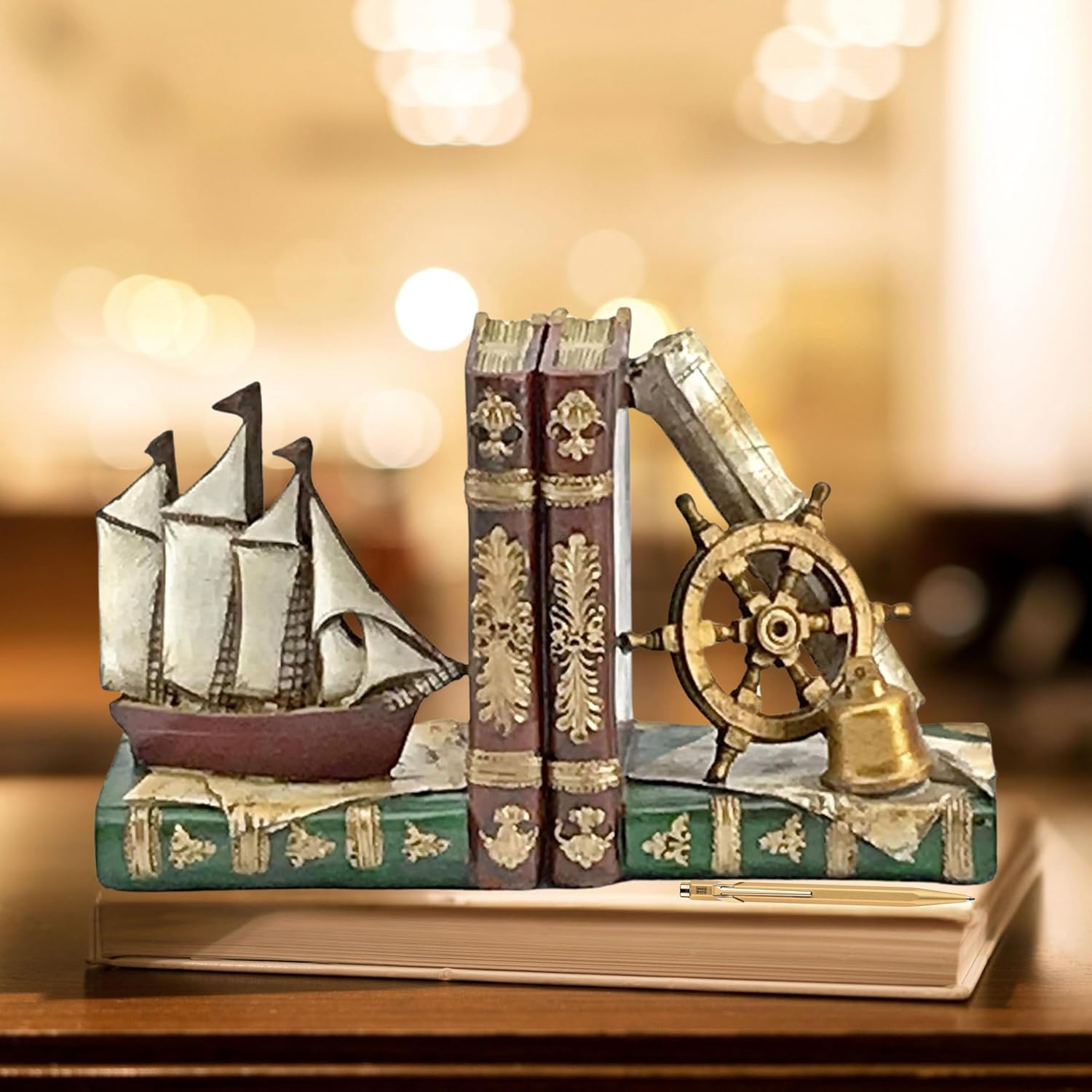 Bellaa 24247 Pirate Ship Bookends Captain Sailboat Crew Sailor Nautical Coastal Home Decor Art Statues Book Ends Shelves Stoppers Holder Nonskid Shelf Heavy Duty Supports Vintage Style